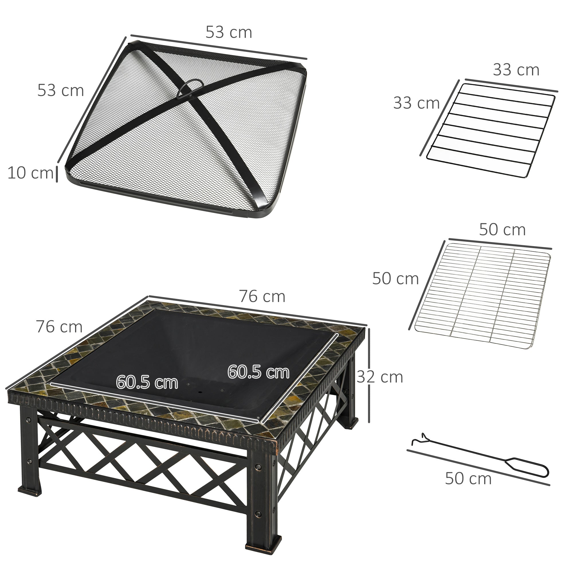 Outsunny Large Outdoor Fire Pit Table, 3 in 1 Square Wood Burning Firepit Metal Brazier, BBQ Grill, Ice Bucket w/ Grill Grate, Log Grate, Lid, Poker for Garden, Camping, Bonfire, 76 x 76 x 47cm, Black - North Peak Garden Furniture
