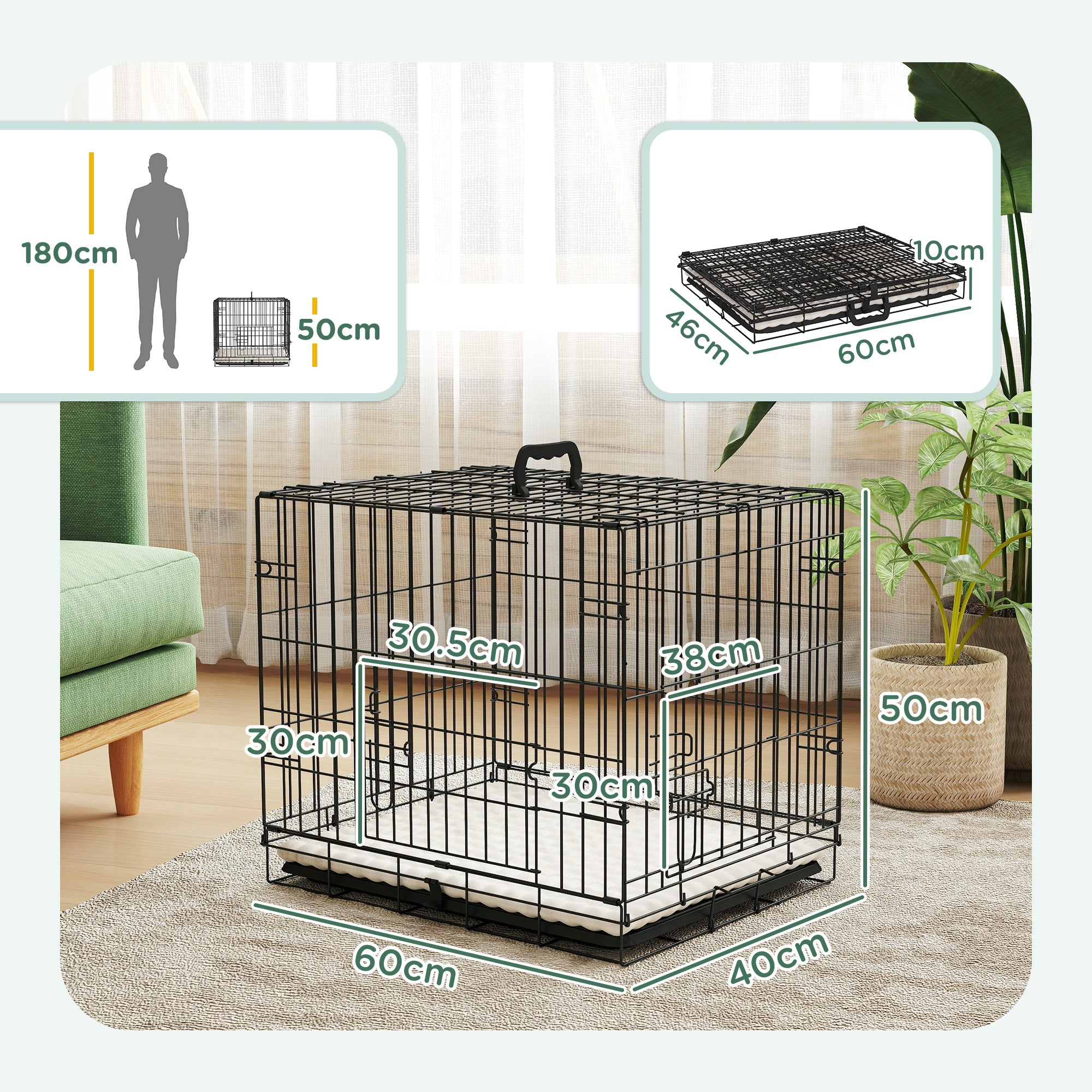 PawHut Dog Crate with 2 Doors with Tray, Soft Cushion, Foldable Metal Dog Cage for Extra Small Dogs, 60 x 40 x 50, Black - North Peak Garden Furniture