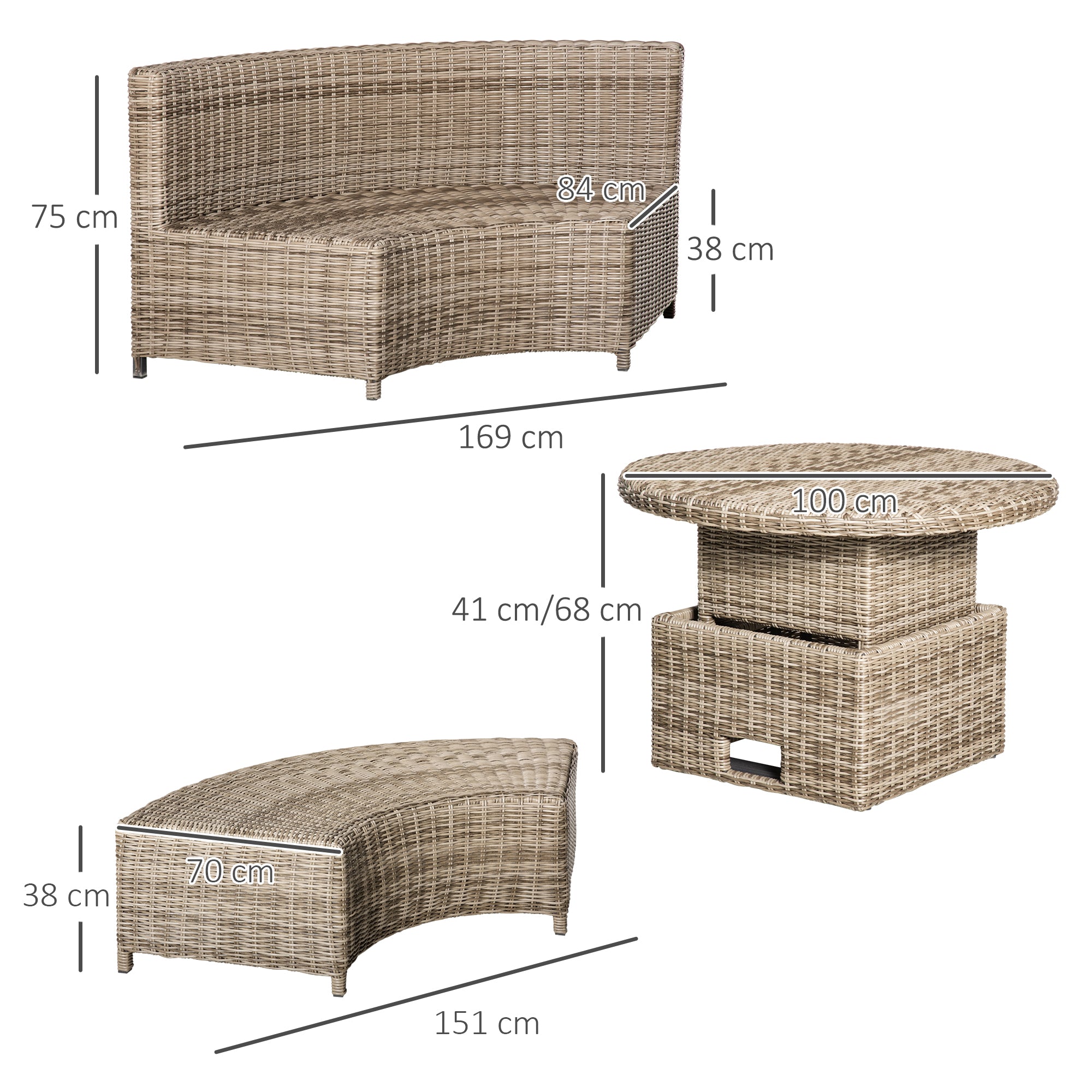 Outsunny 6-Seater Outdoor PE Rattan Patio Furniture Set Lounge Chair Round Daybed Liftable Coffee Table Conversation Set w/ Olefin Cushion, Grey