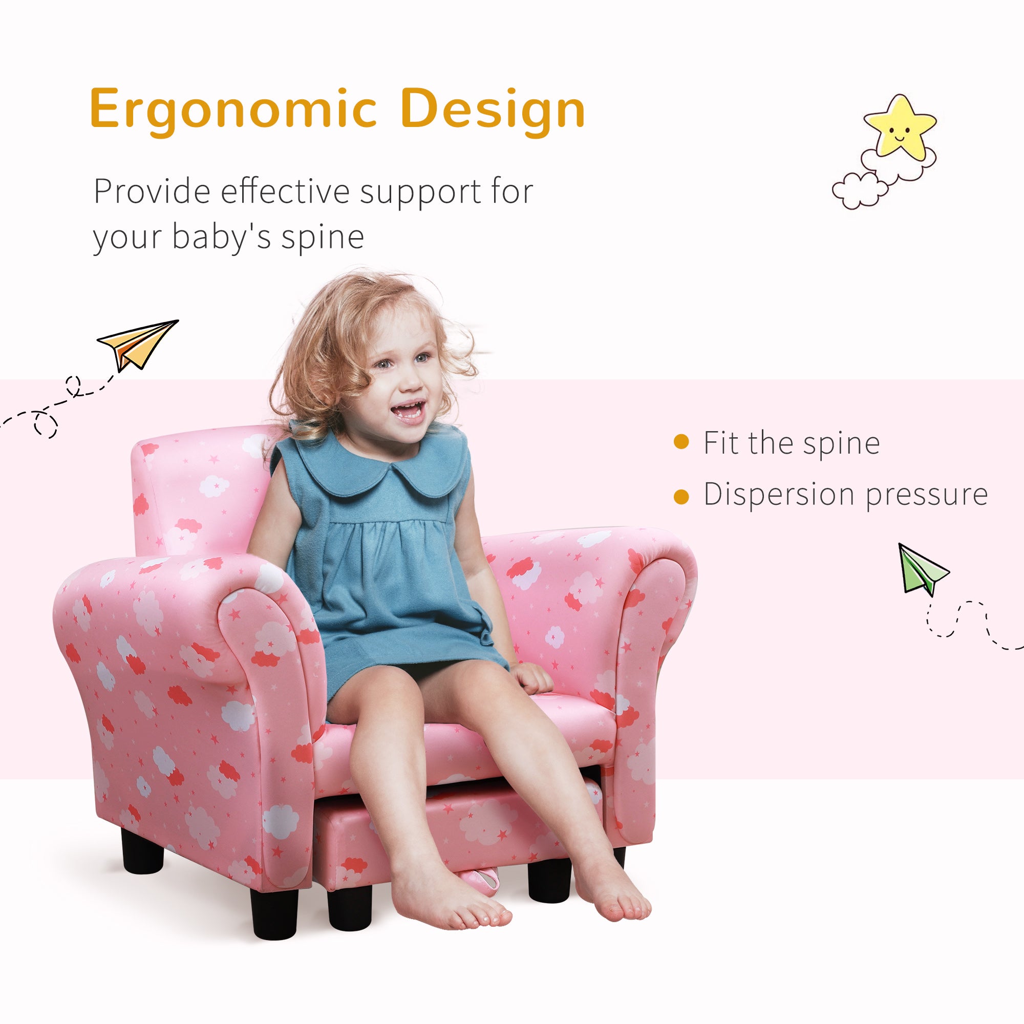 HOMCOM Toddler Chair Children's Armchairs Wood Frame w/ Footrest Anti-Slip Legs High Back Arms for Bedroom Playroom Cute Cloud Star Pink - North Peak Garden Furniture