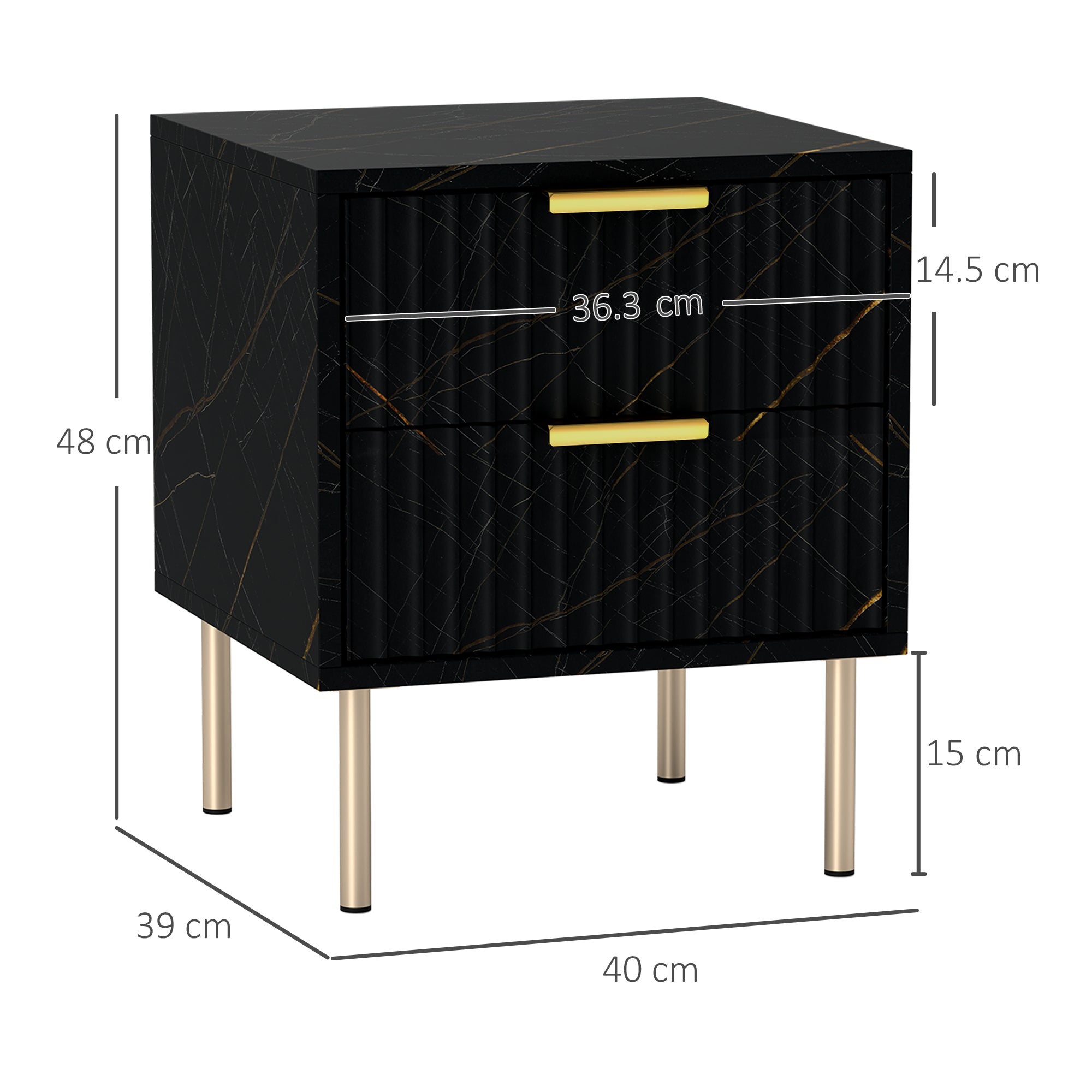 HOMCOM Elegant Two-Drawer Bedside Table - Black - North Peak Garden Furniture