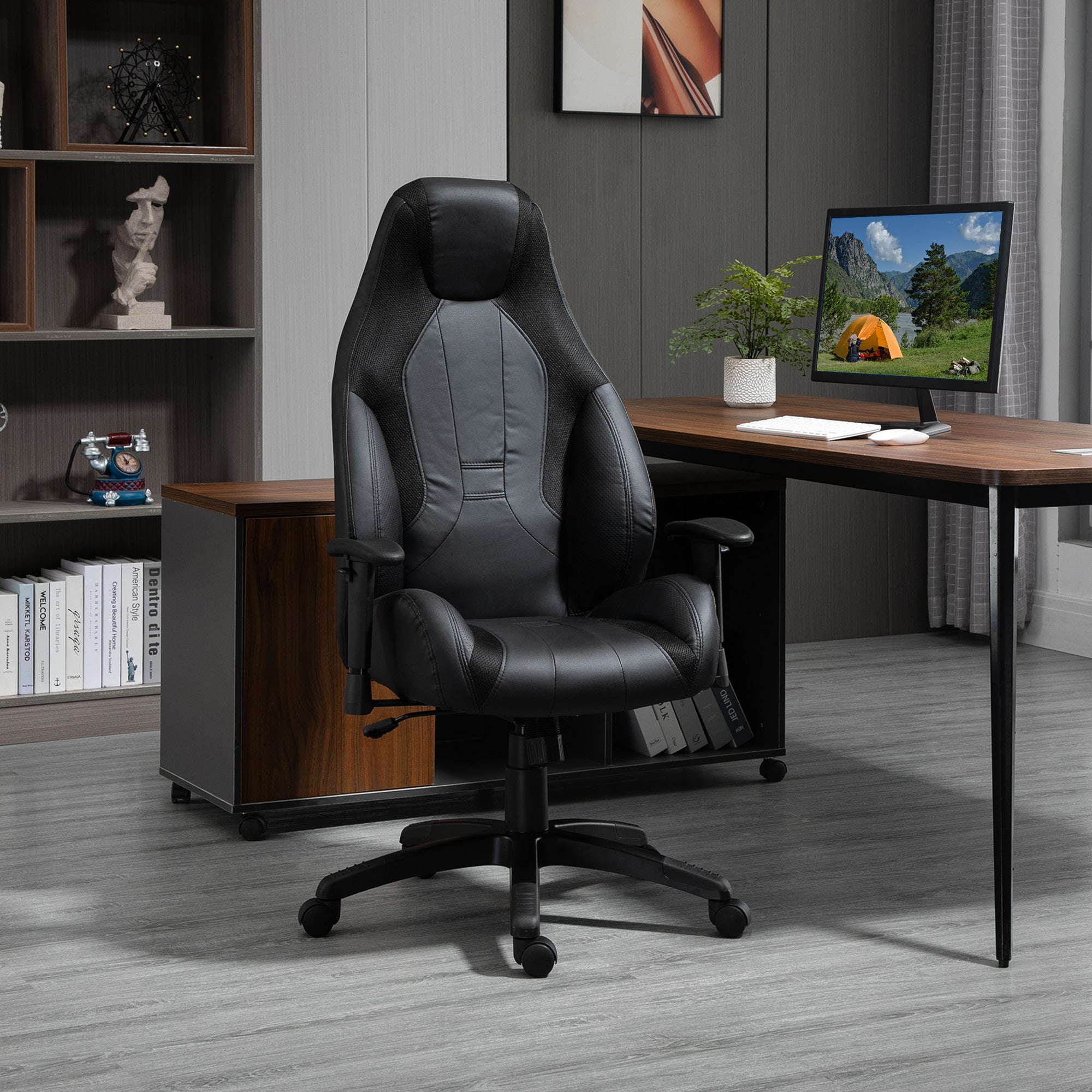Vinsetto Racing Gaming Chair, Mesh & Faux Leather Computer Chair with High Back, Swivel Wheels, Adjustable Height and Armrest, Black - North Peak Garden Furniture