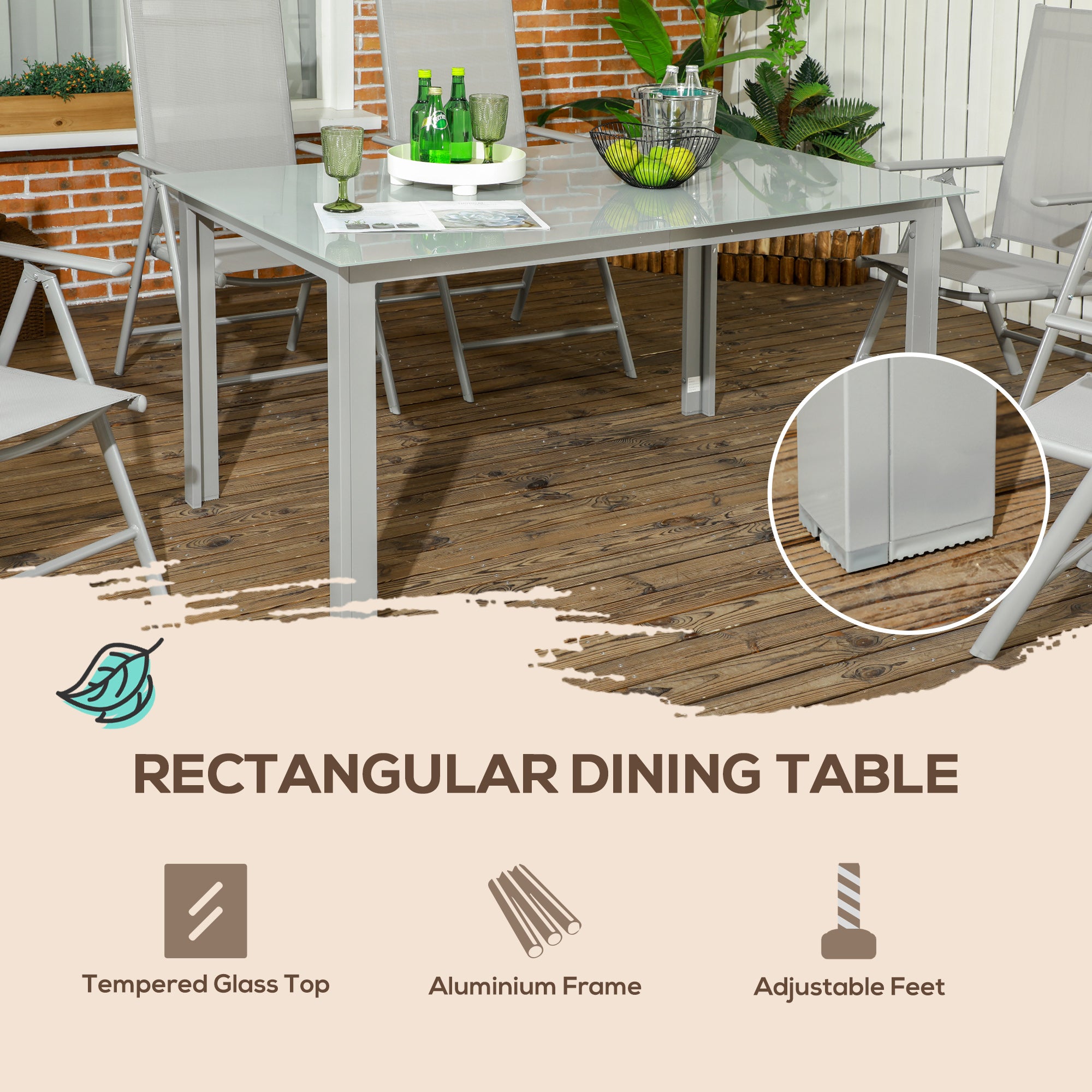Outsunny 7 Piece Garden Dining Set, Outdoor Table and 6 Folding and Reclining Chairs, Aluminium Frame, Tempered Glass Top Table, Texteline Seats, Grey - North Peak Garden Furniture