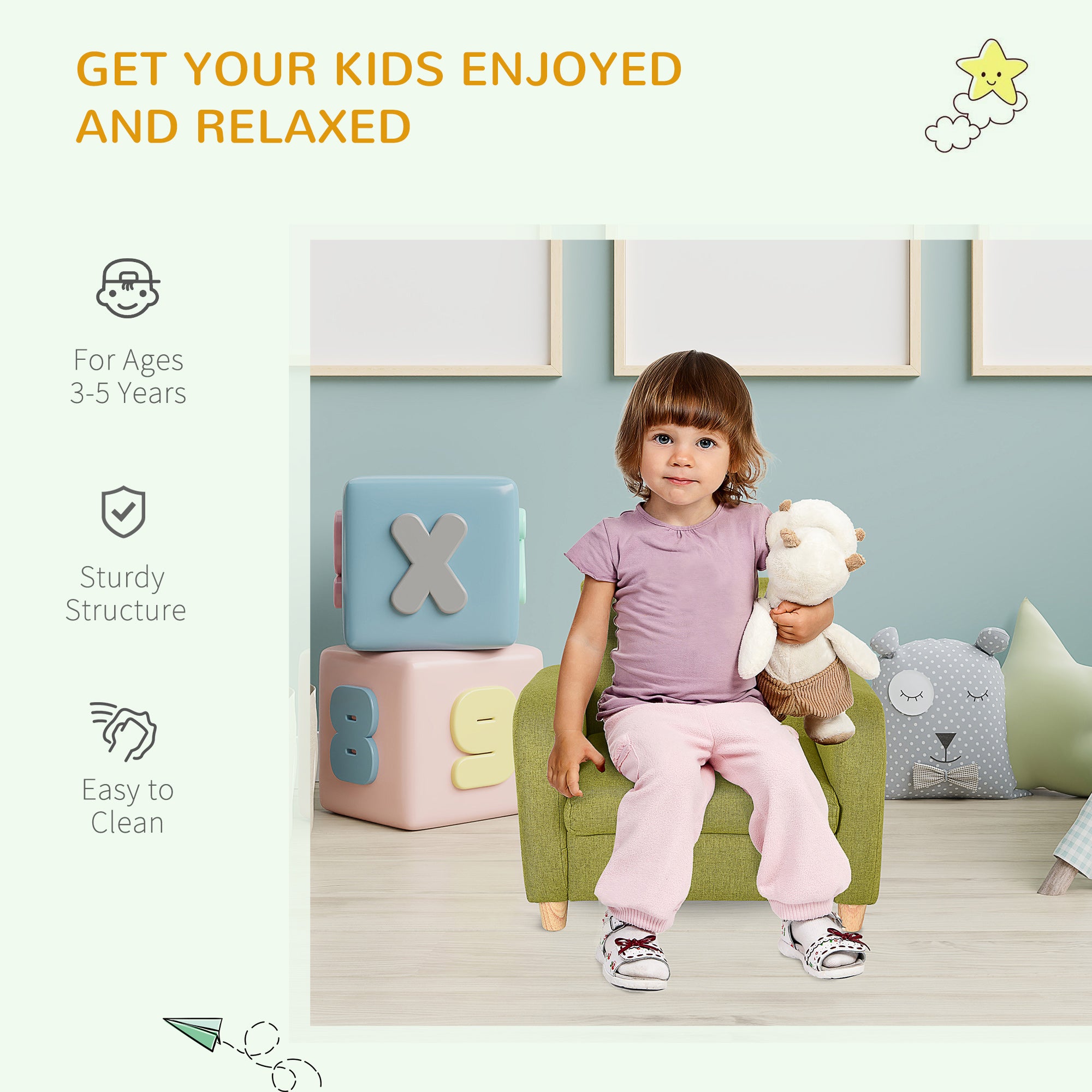HOMCOM Children Armchair Mini Sofa Wood Frame Anti-Slip Legs High Back - North Peak Garden Furniture