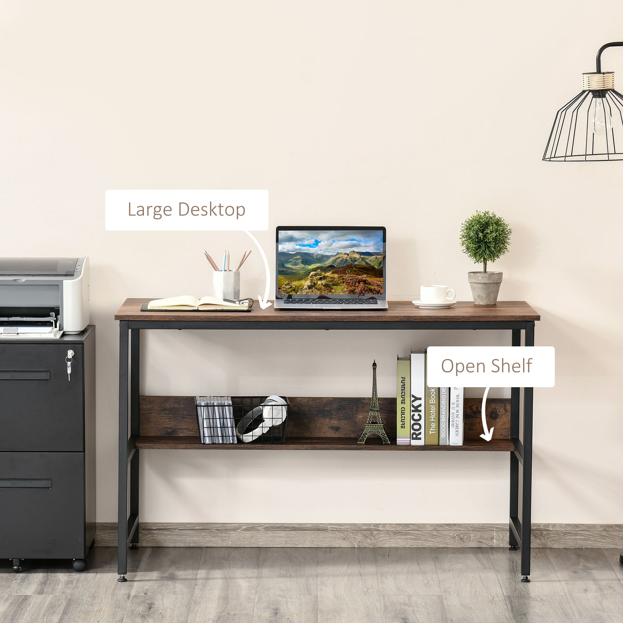 HOMCOM Computer Desk with Storage Shelf, 120 x 60cm Home Office Desk with Metal Frame, Study Table, Easy Assembly, Rustic Brown - North Peak Garden Furniture