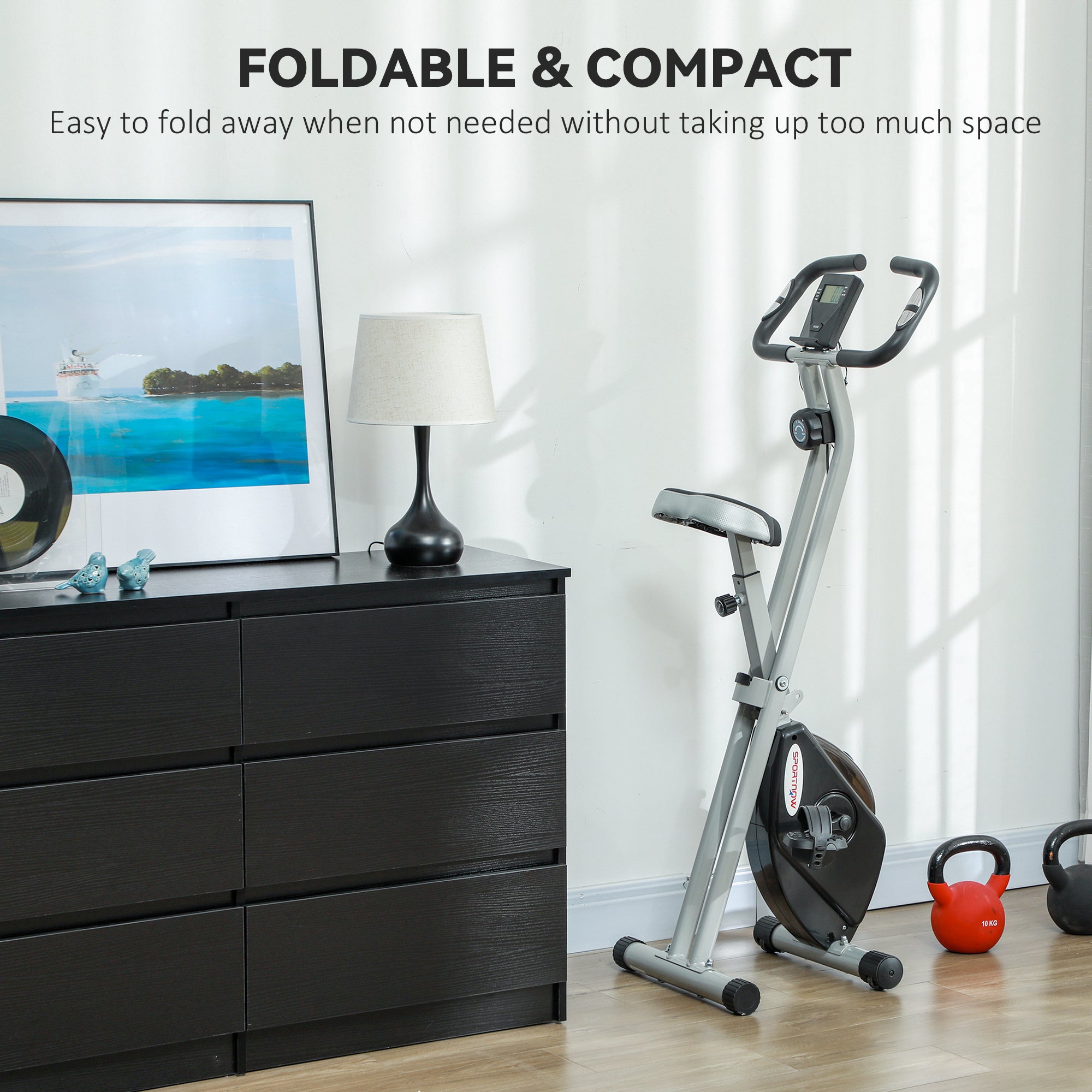 SPORTNOW Folding and Quiet Exercise Bike with 8-Level Magnetic Resistance and Heart Rate Sensor, for Home Gym, Black and Grey - North Peak Garden Furniture