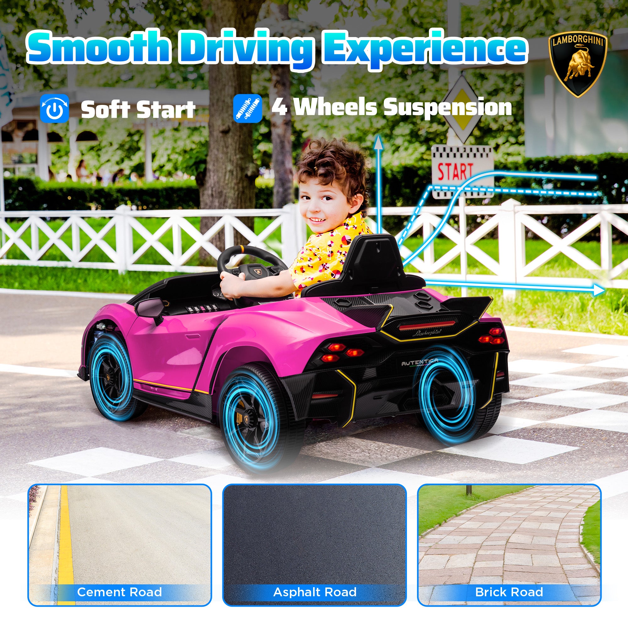 AIYAPLAY 12V Lamborghini Autentica Licensed Kids Electric Car with Remote Control, 4 Suspension Wheels, Soft Start, Pink - North Peak Garden Furniture