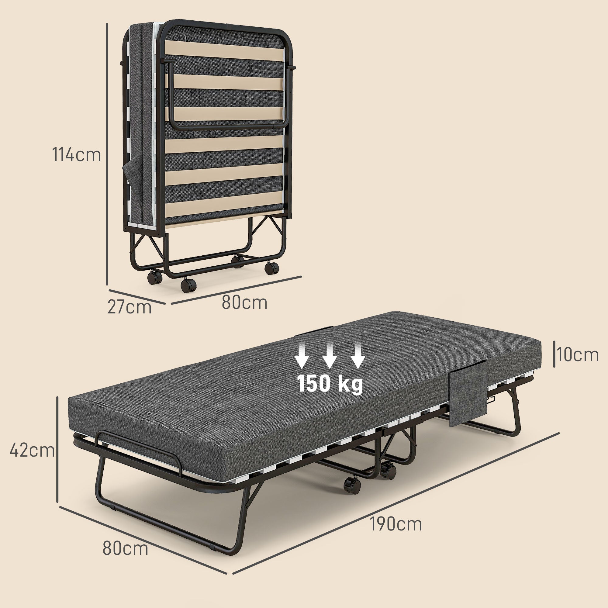 HOMCOM Single Steel Frame Folding Bed, with Wheels - Black/Grey - North Peak Garden Furniture