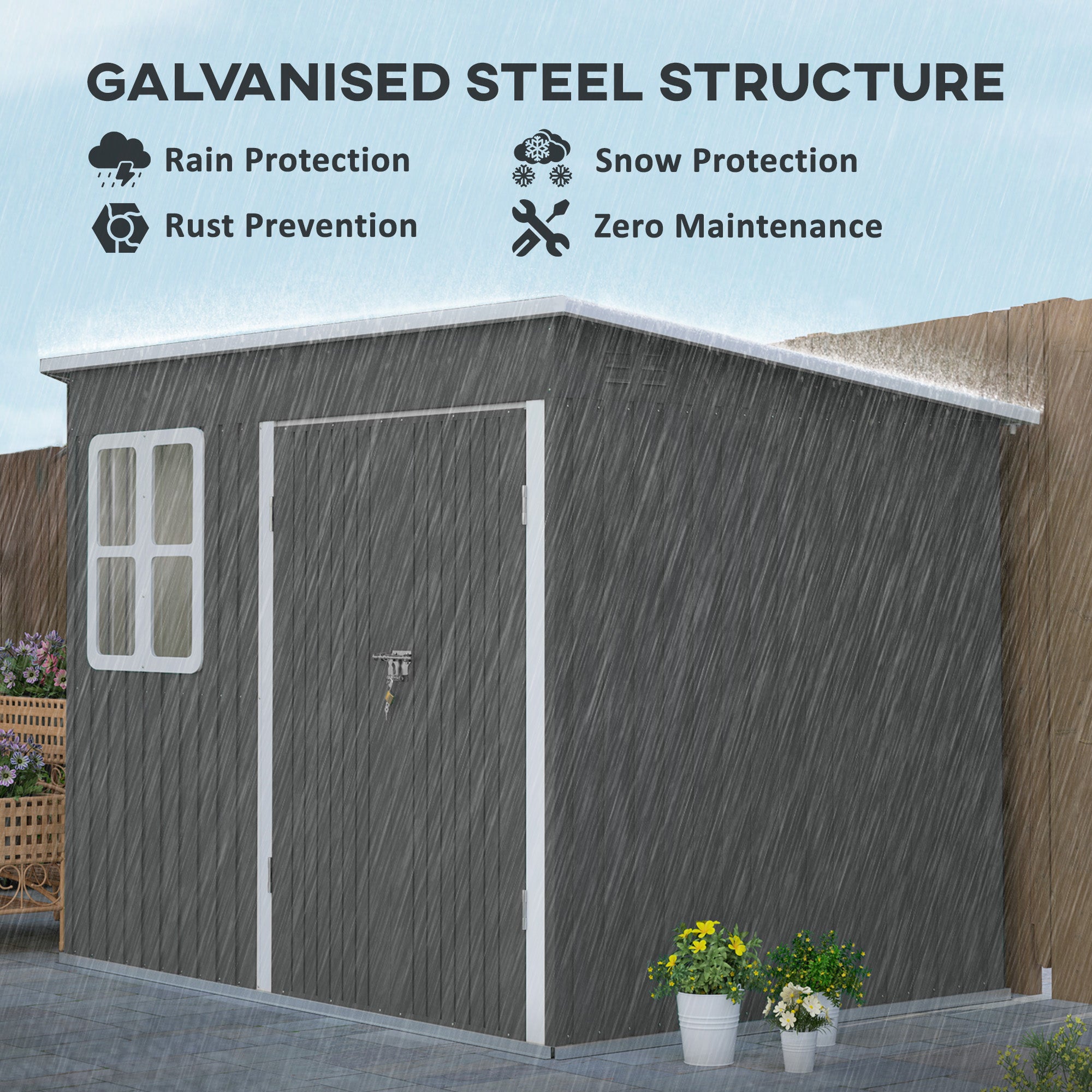 Outsunny 8.5 x 6ft Storage Shed Galvanised Steel Garden Shed, Metal Shed with Foundation Kit, Window, Lockable Wide Doors and Air Vents for Outdoor Patio, Dark Grey - North Peak Garden Furniture