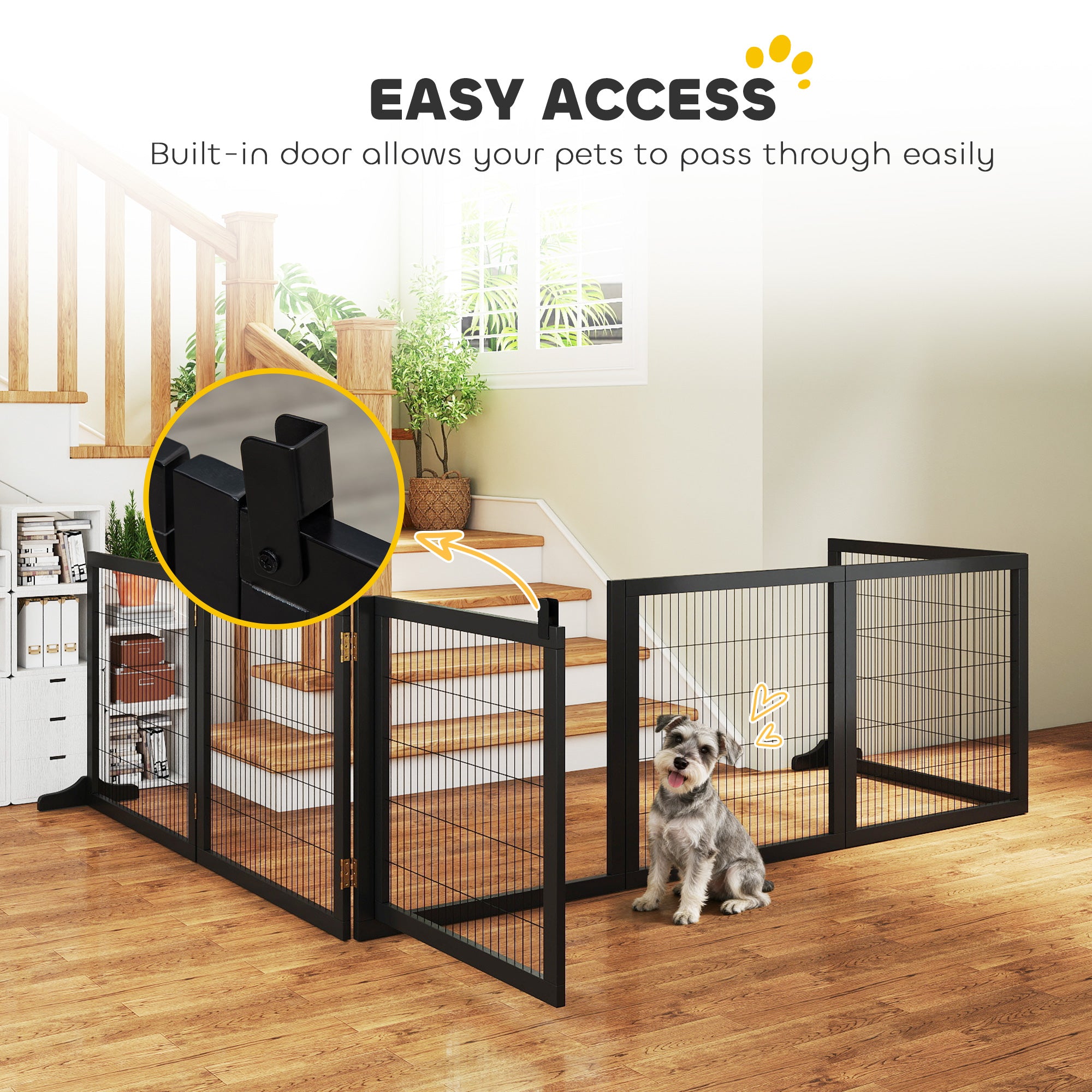 PawHut Wooden Pet Gate, Freestanding Dog Security Barrier with Two Support Feet - Black