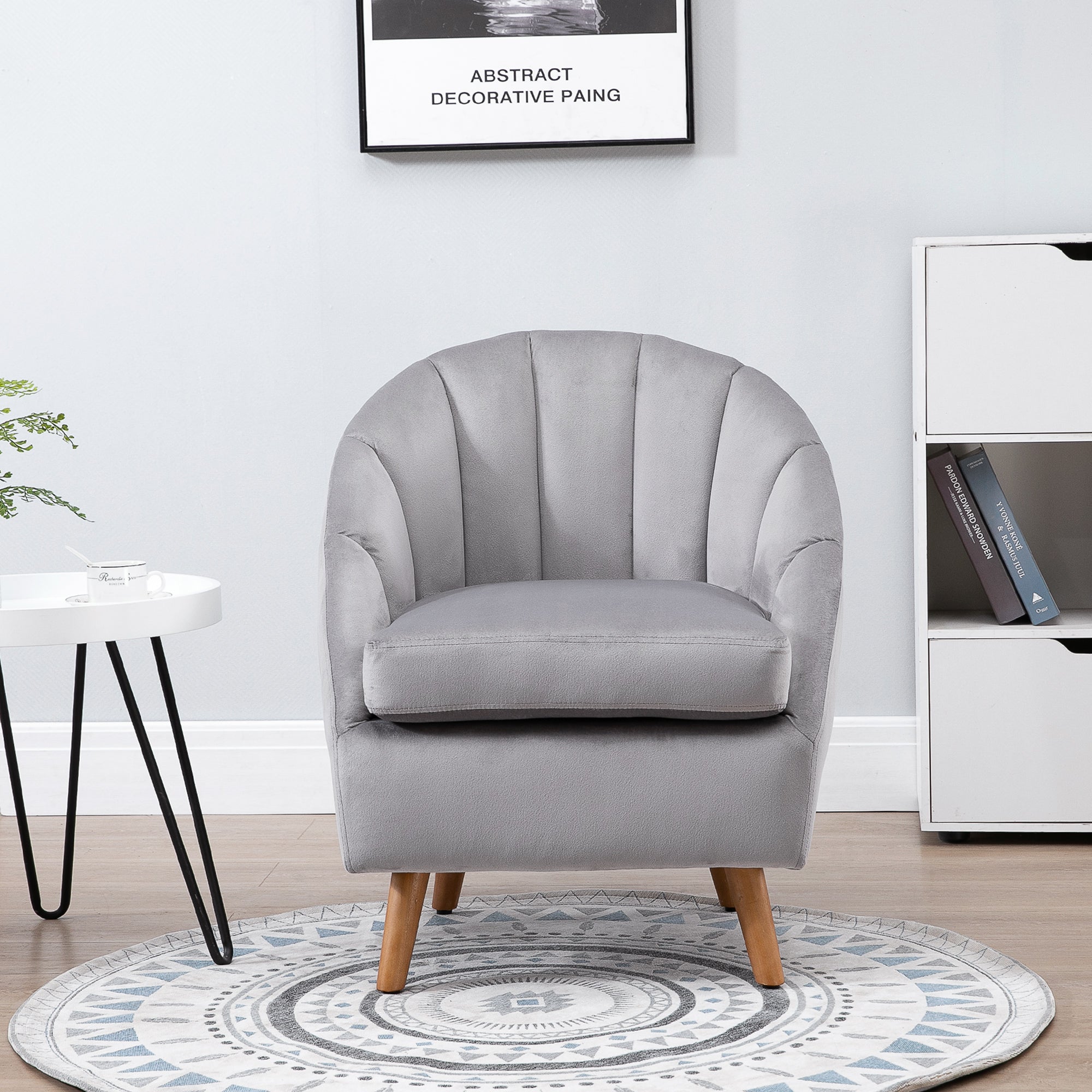 HOMCOM Accent Chair Velvet Fabric Single Sofa Armchair Home Living Room Solid Wood Leg Upholstered Side Armchair Grey - North Peak Garden Furniture