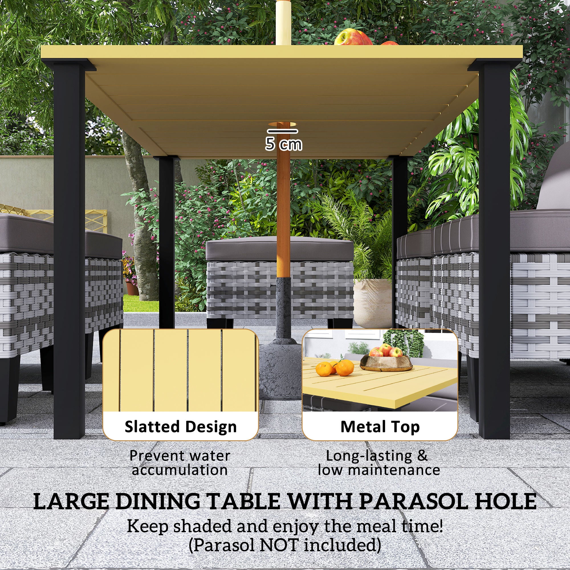 Outsunny 7-Piece Rattan Garden Dining Set, 6 Seater Wicker Garden Furniture Set with Seat and Back Cushions, Umbrella Hole, Patio Table and Chairs with Slatted Metal Top Table for Balcony, Grey - North Peak Garden Furniture