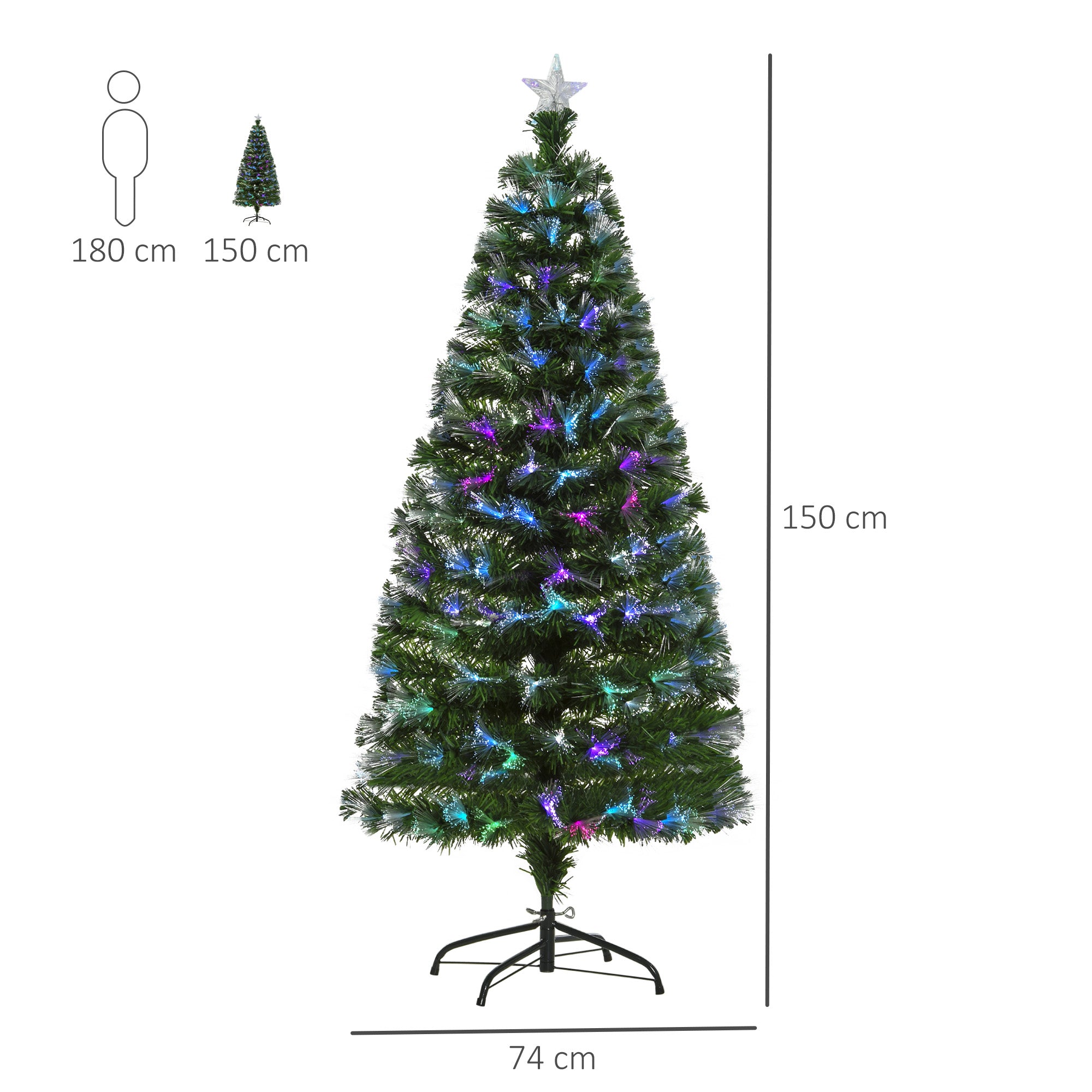 HOMCOM 5FT Multicoloured Artificial Christmas Tree w/ Fibre Optic Lights Pre-Lit Modes Metal Stand Star Holder Home Seasonal Decoration - North Peak Garden Furniture