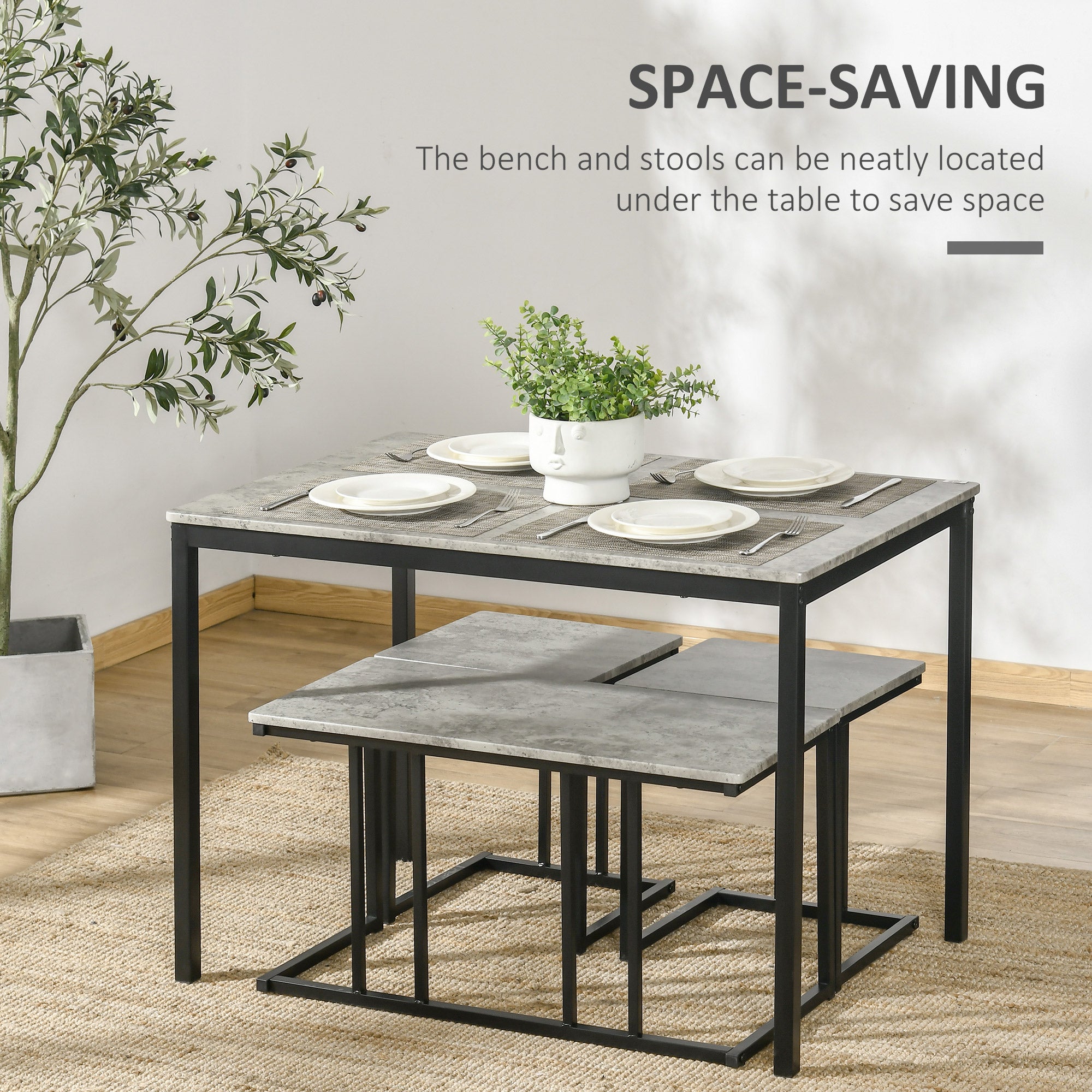 HOMCOM Dining Table and Chairs Set for 4 People, Concrete Effect Kitchen Table and Bench Set with Steel Frame, 4 Piece Dining Room Sets, Grey - North Peak Garden Furniture