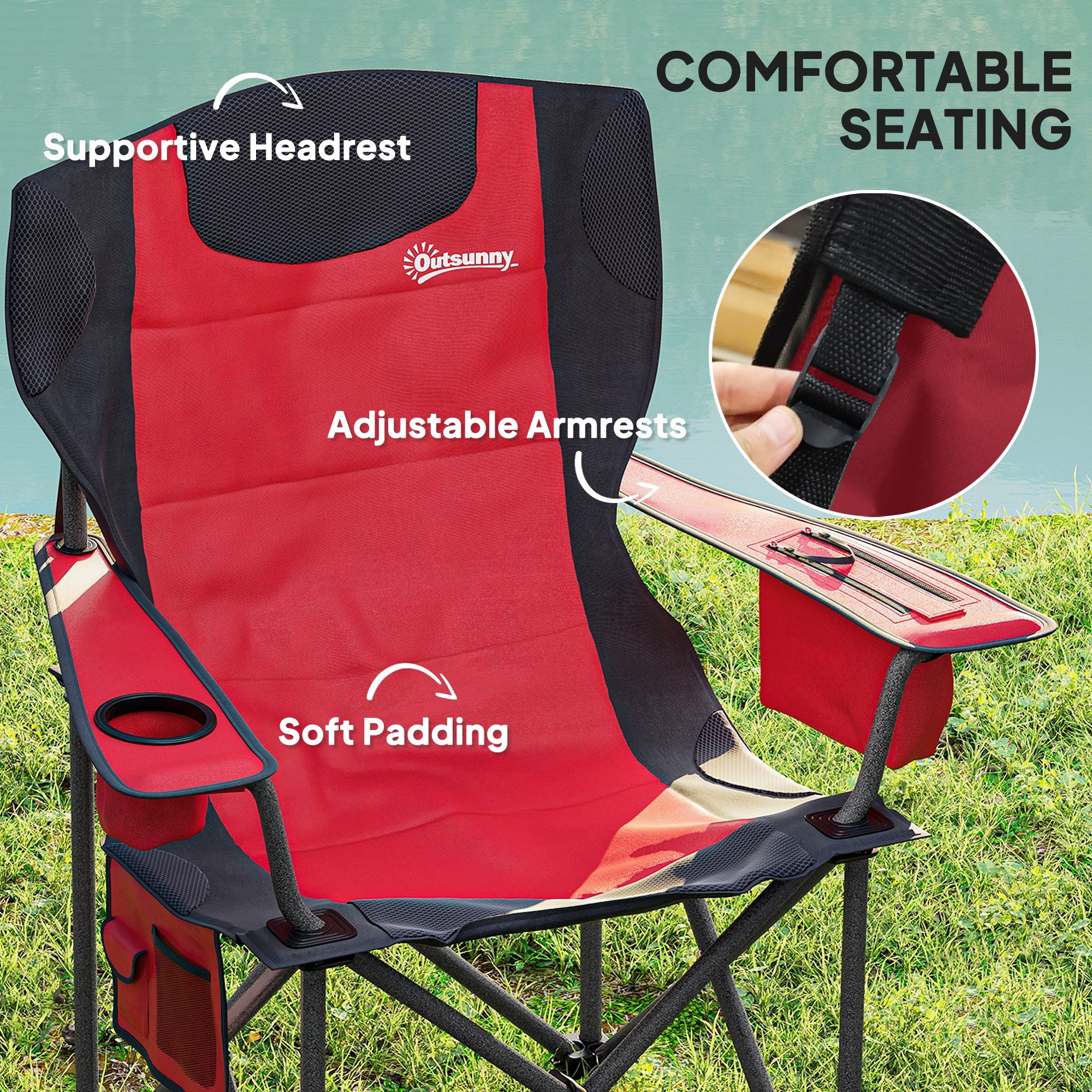 Outsunny Set of 2 Folding Camping Chairs, Padded Camping Chairs with Adjustable Armrests, Portable & Lightweight Folding Camp Chair with Cooler Bag, Cup Holder and Side Pockets, Red - North Peak Garden Furniture