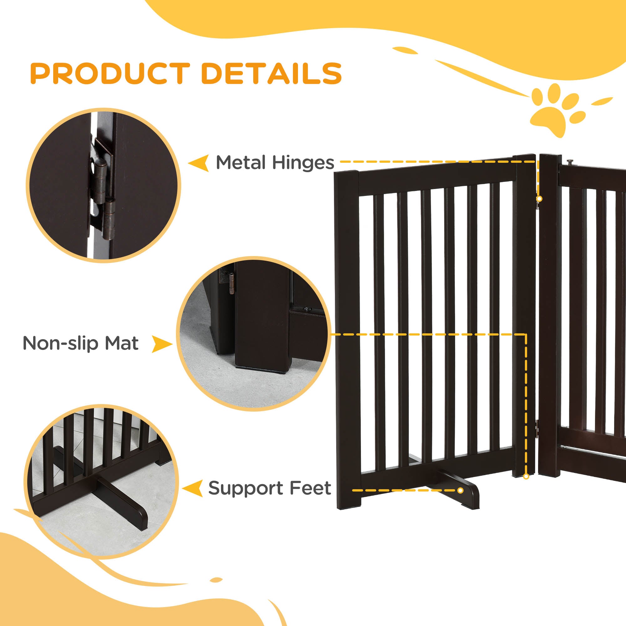 PawHut Freestanding Dog Gate, Foldable Pet Fence, Indoor Barrier, Stair Gate with Support Feet, 155 x 76 cm, Brown - North Peak Garden Furniture