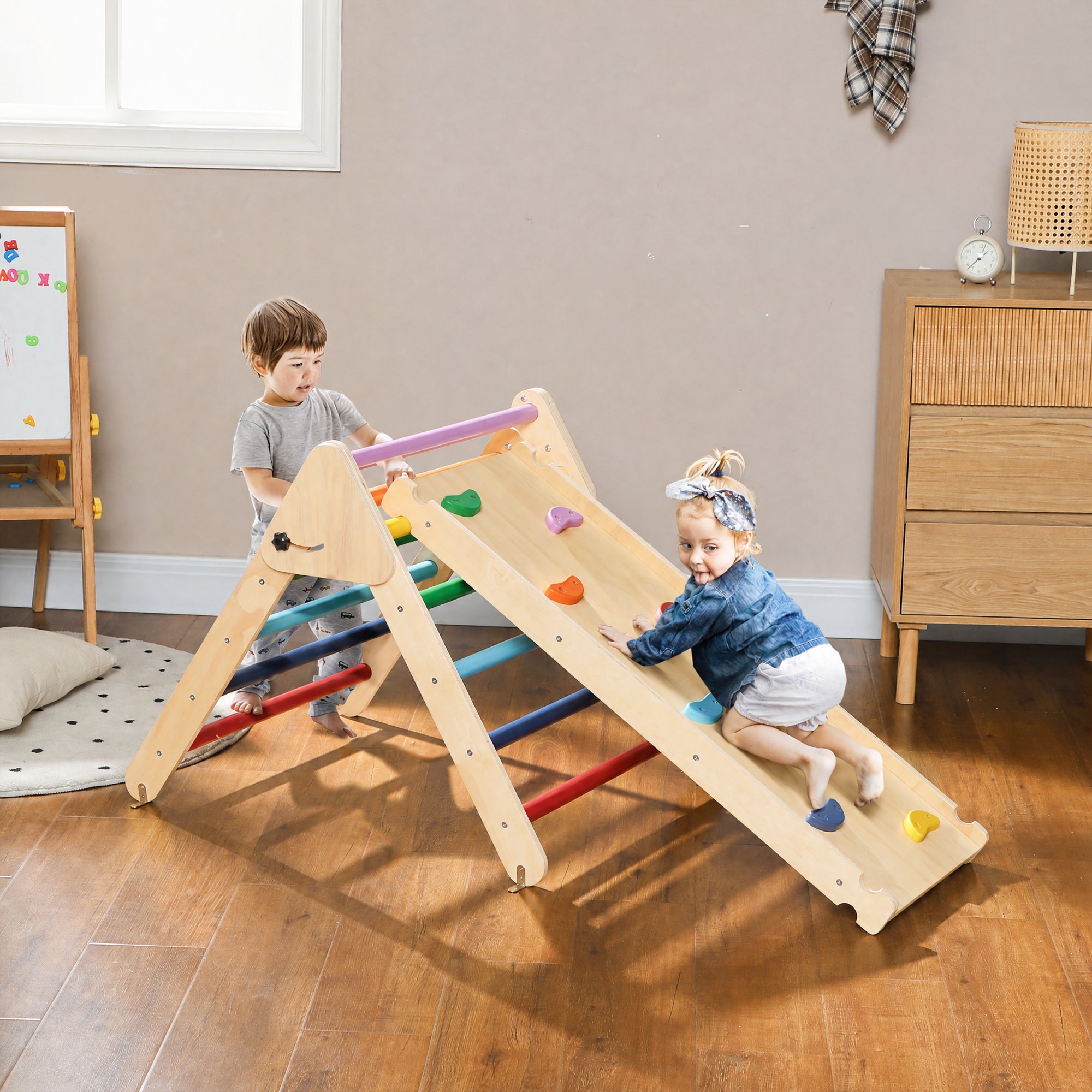 AIYAPLAY Toddler Climbing Frame for Kids with Ramp, 3 in 1 Wooden Pikler Triangle Set for 18-48 Months, Multicolour