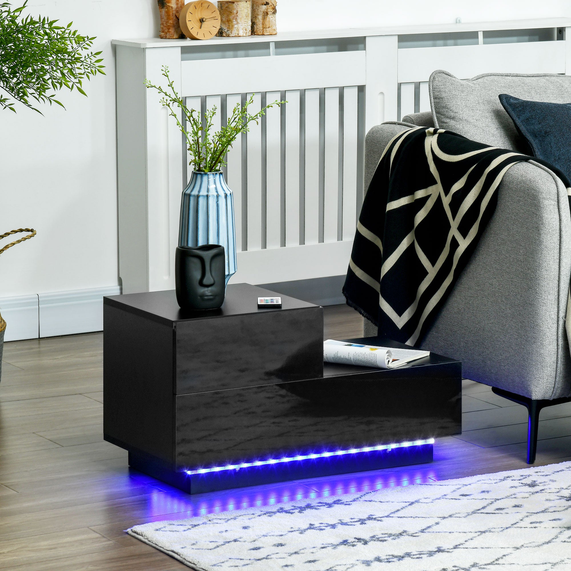 HOMCOM High Gloss Front Bedside Table with Drawers Nightstand with RGB LED Light and Remote for Bedroom Living Room Black - North Peak Garden Furniture