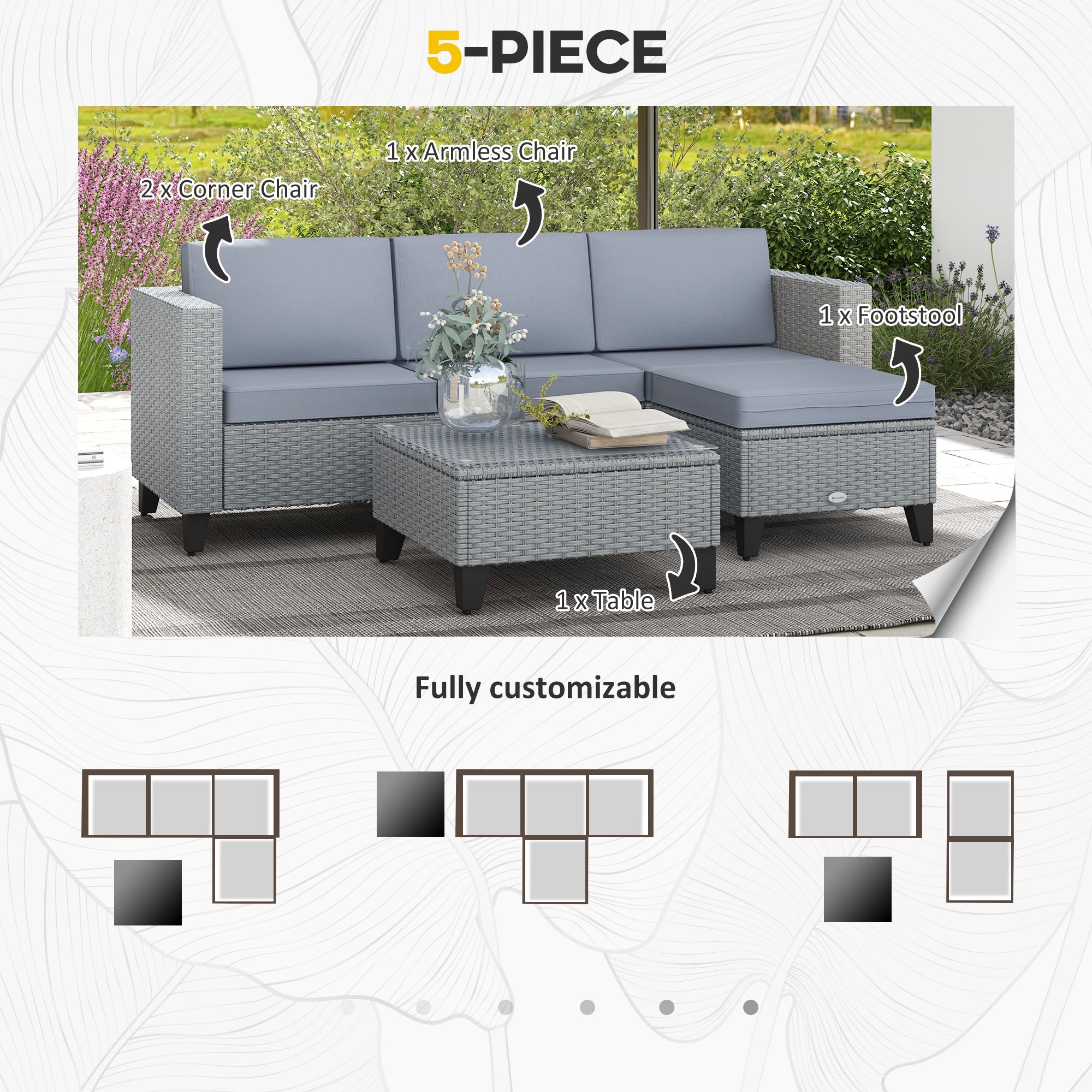 Outsunny 5-Piece Rattan Patio Furniture Set with Corner Sofa, Footstools, Coffee Table, for Poolside, Grey - North Peak Garden Furniture