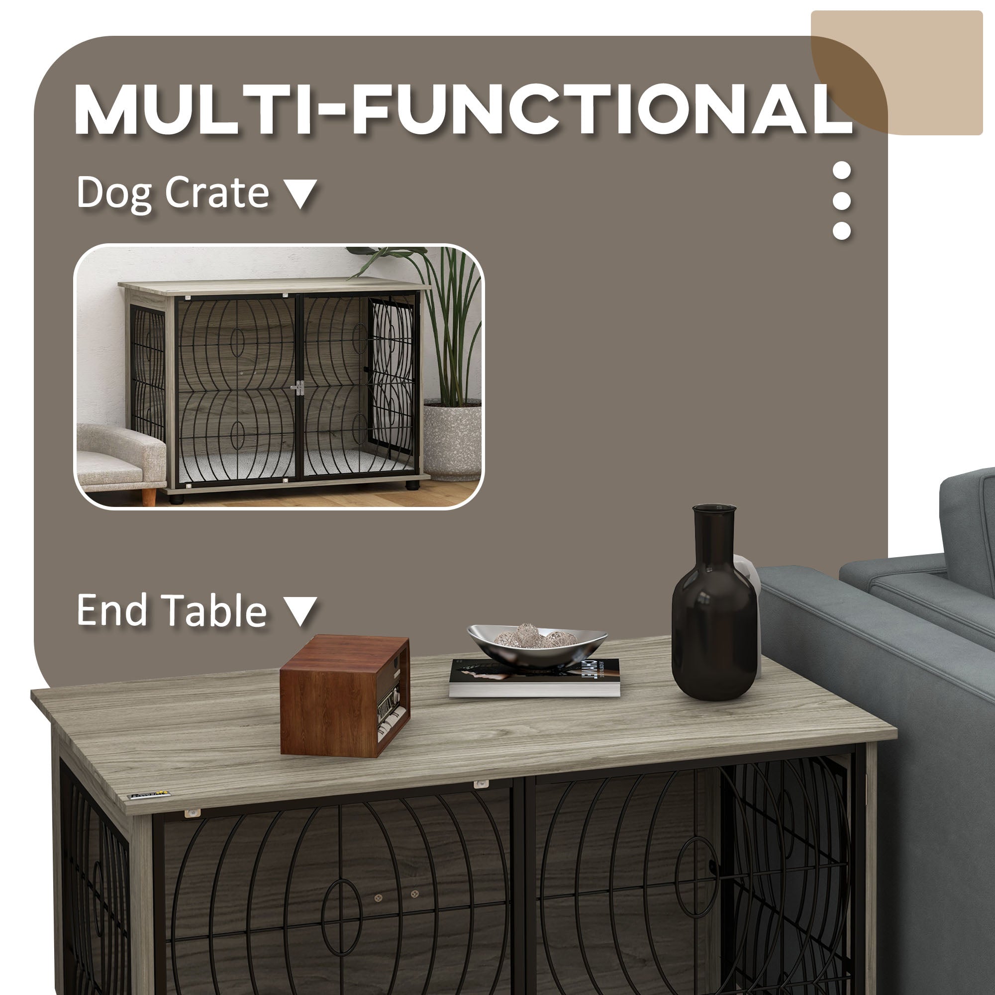 PawHut Dog Crate Furniture End Table w/ Plush Washable Cushion, Lockable Door, for Large Dogs