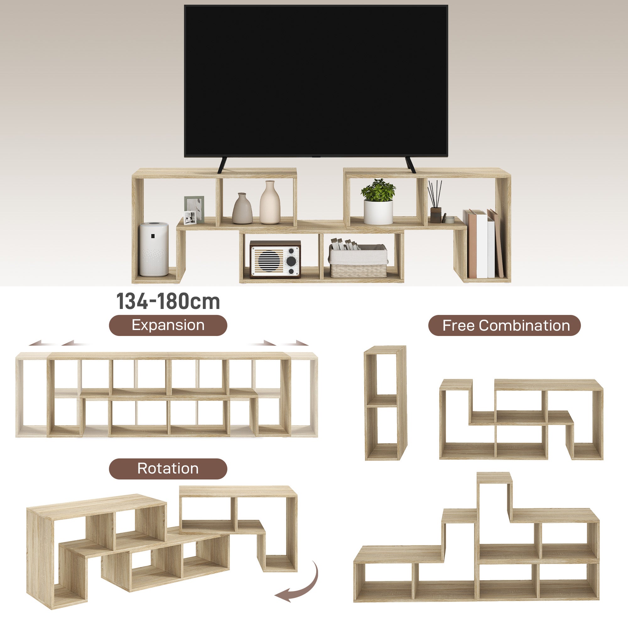 HOMCOM TV Stand for TVs up to 75 Inches, Free Combination TV Unit with Storage Shelves, Extendable Entertainment Centre for Living Room, Grey Oak Wood Grain - North Peak Garden Furniture