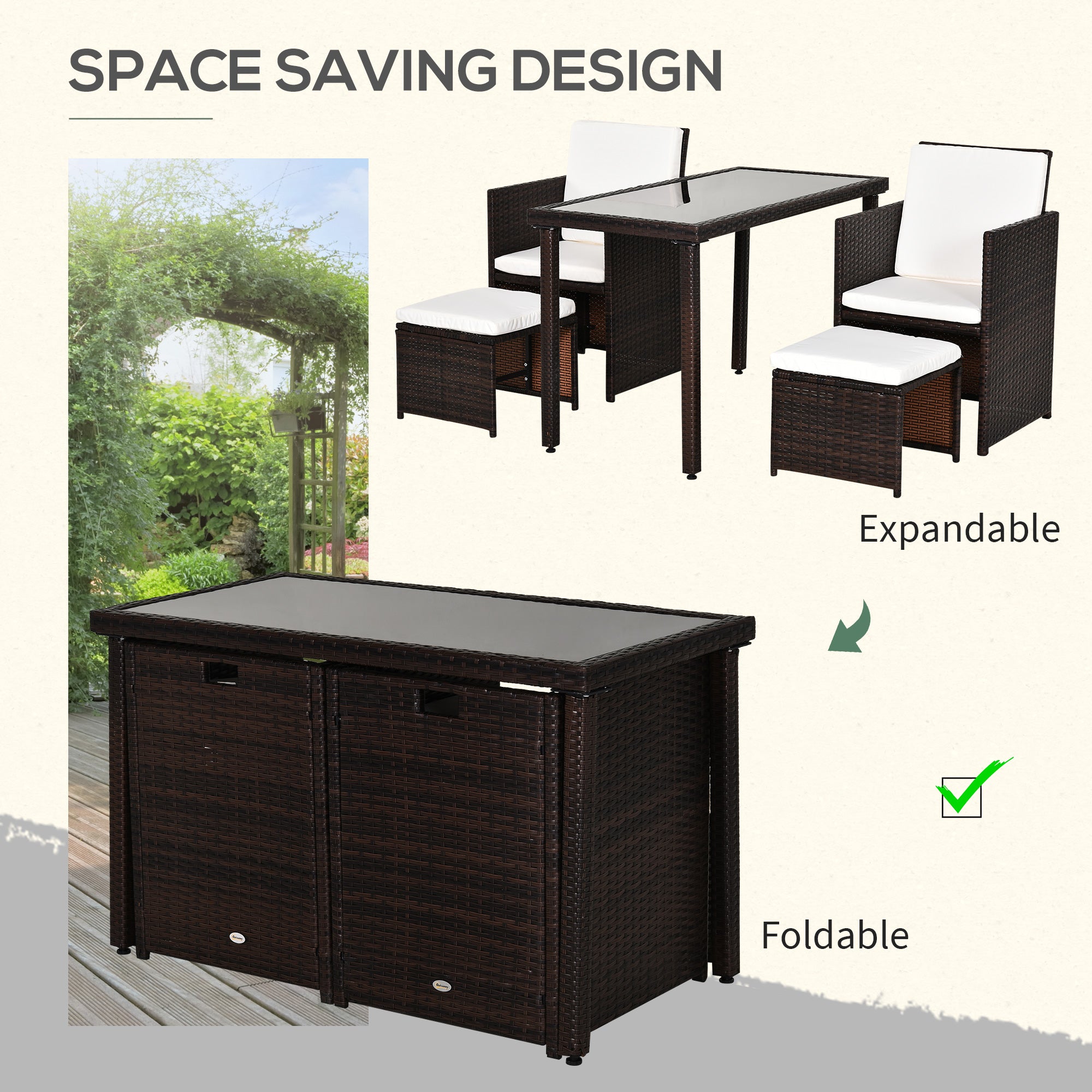 Outsunny 2 Seater Rattan Cube Garden Furniture Set, Rattan Dining Set with Cushions, Outdoor Dining Table and Chairs with 2 Armchairs, 2 Stools, Rectangular Glass Top Table for Patio, Balcony, Brown - North Peak Garden Furniture