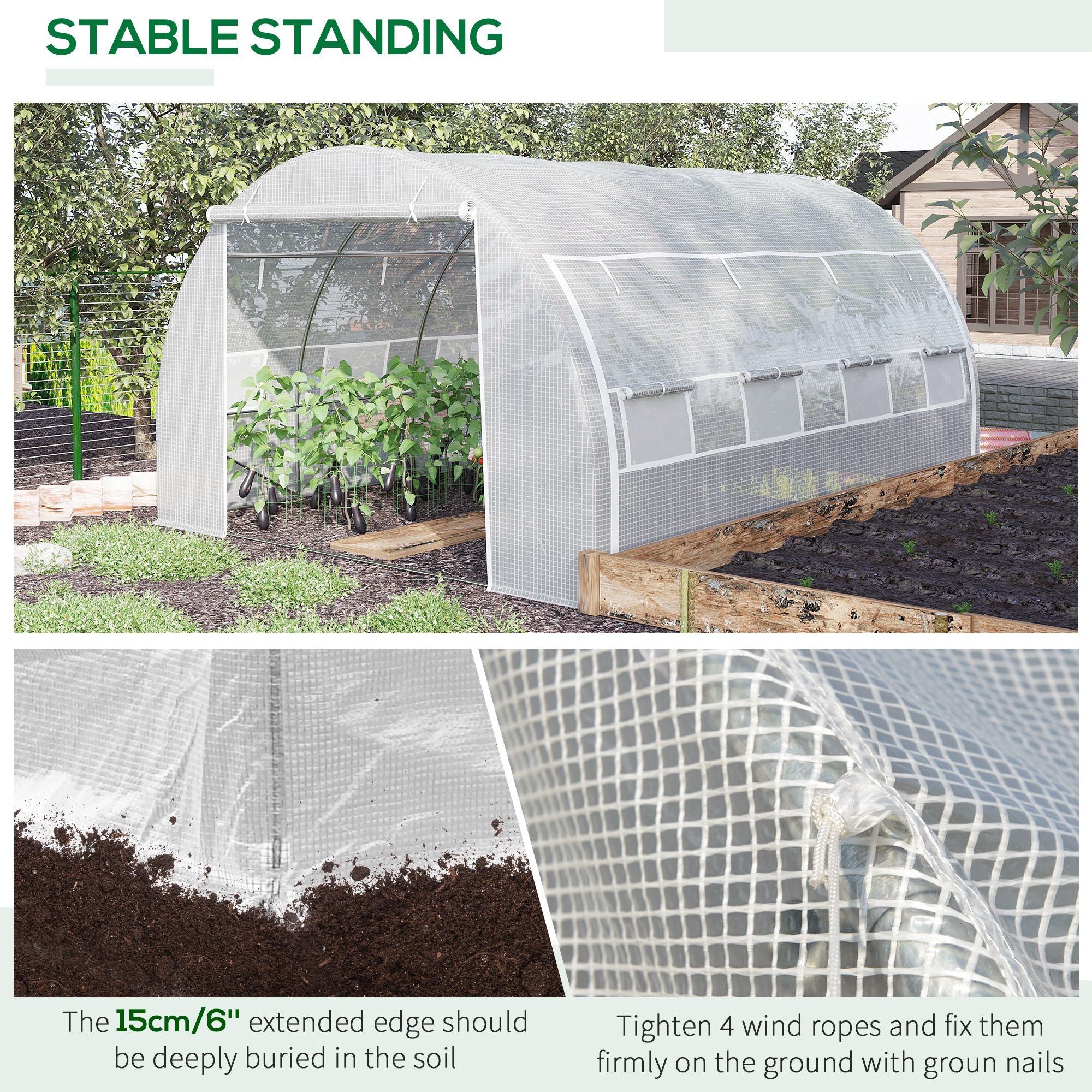 Outsunny 4 x 3 x 2 m Polytunnel Greenhouse with Roll-up Side Walls, Walk-in Grow House Tent with Steel Frame, Reinforced Cover, Zipped Door and 12 Mesh Windows for Garden, White - North Peak Garden Furniture