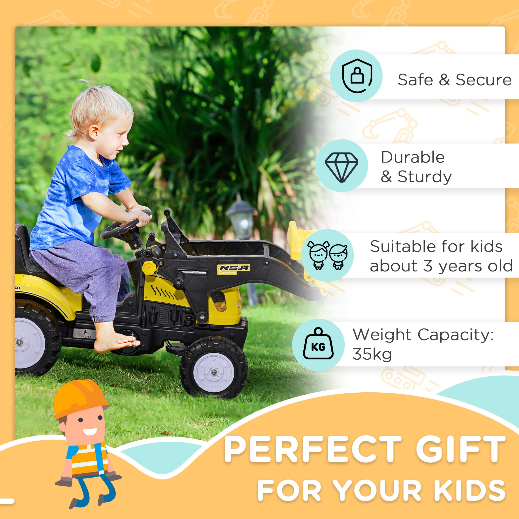 HOMCOM Pedal Go Kart Ride On Excavator W/ Front Loader Digger Four Wheels Child Toy, for 3 Years Old - North Peak Garden Furniture