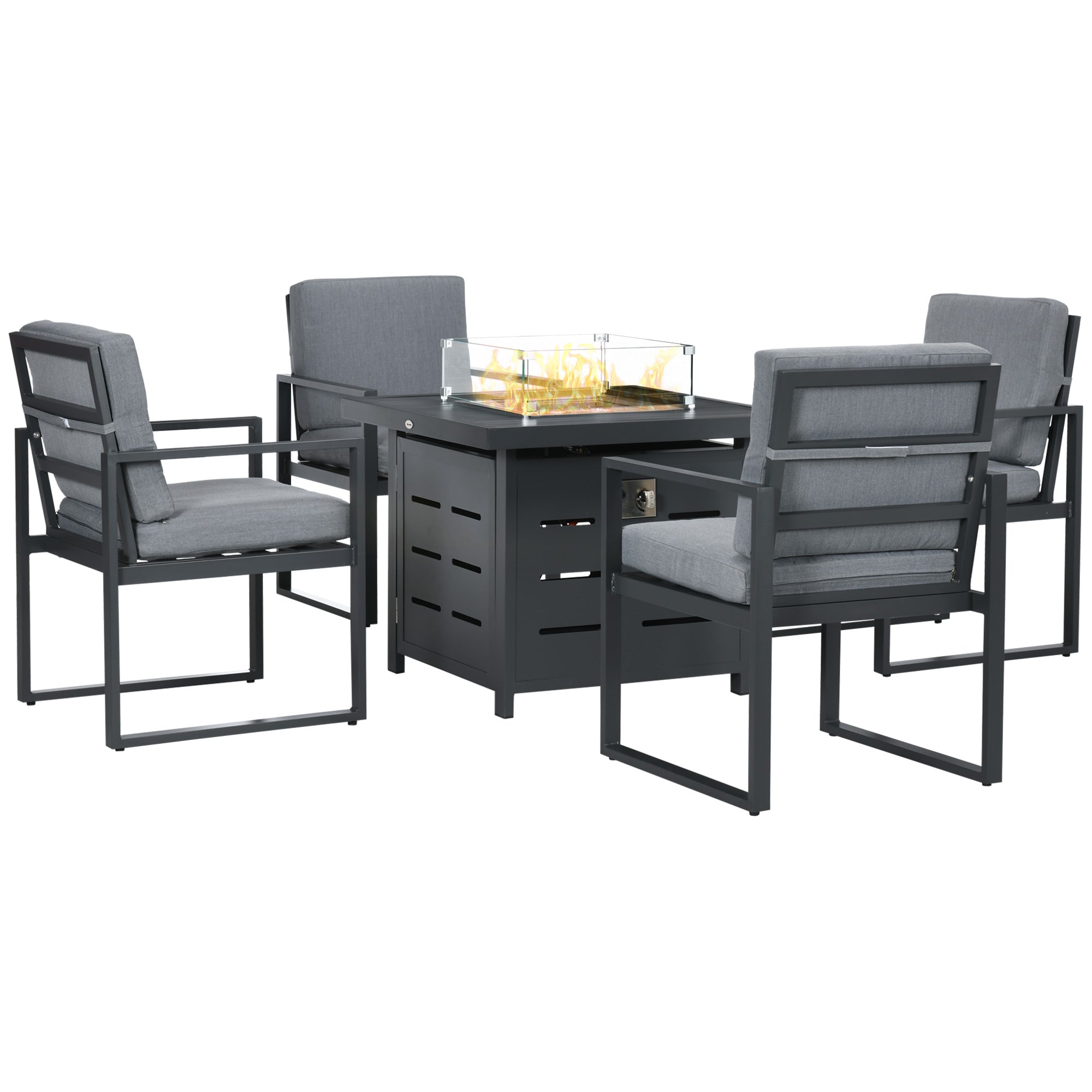 Outsunny 5-Piece Aluminium Garden Furniture Sets, 4 Seater Outdoor Conversational Dining Set with Gas Fire Pit Table Cushions for Yard, Poolside, Patio, Grey - North Peak Garden Furniture