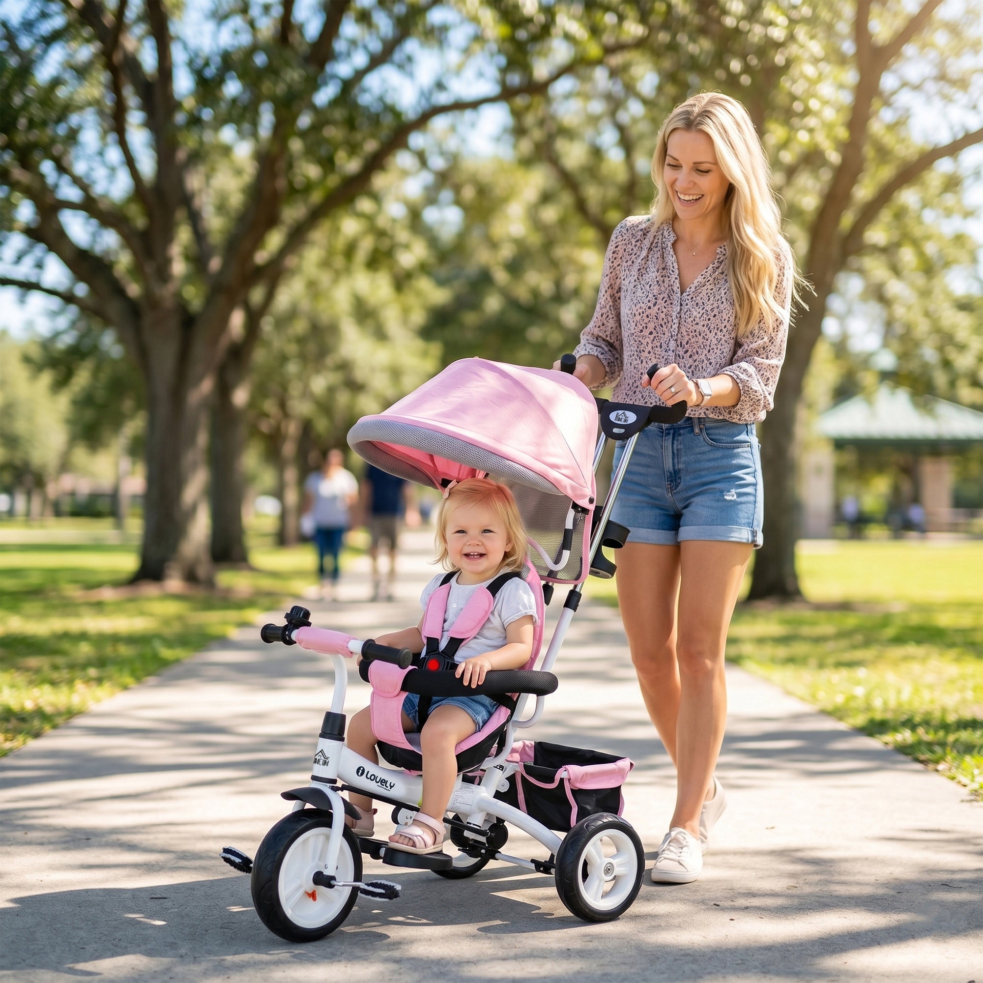HOMCOM 6 in 1 Kids Trike Push Bike w/ Push Handle, Canopy, 5-point Seat Belt, Storage, Footrest, Brake, for 1-5 Years, Pink