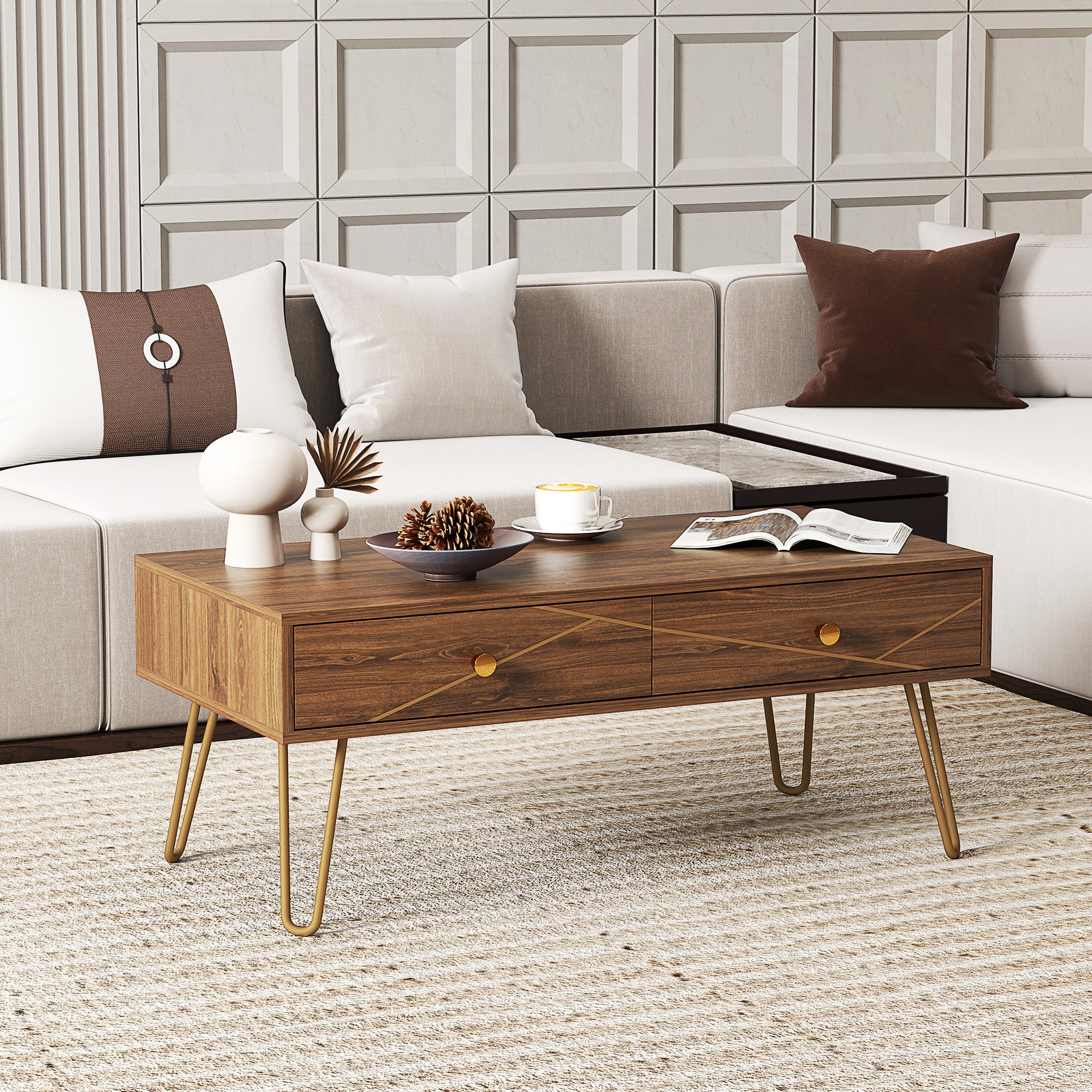 HOMCOM Coffee Table with Storage, Living Room Table with Drawers, Rectangular Tea Table with Steel Base for Home, 100 x 50 x 41 cm, Brown - North Peak Garden Furniture