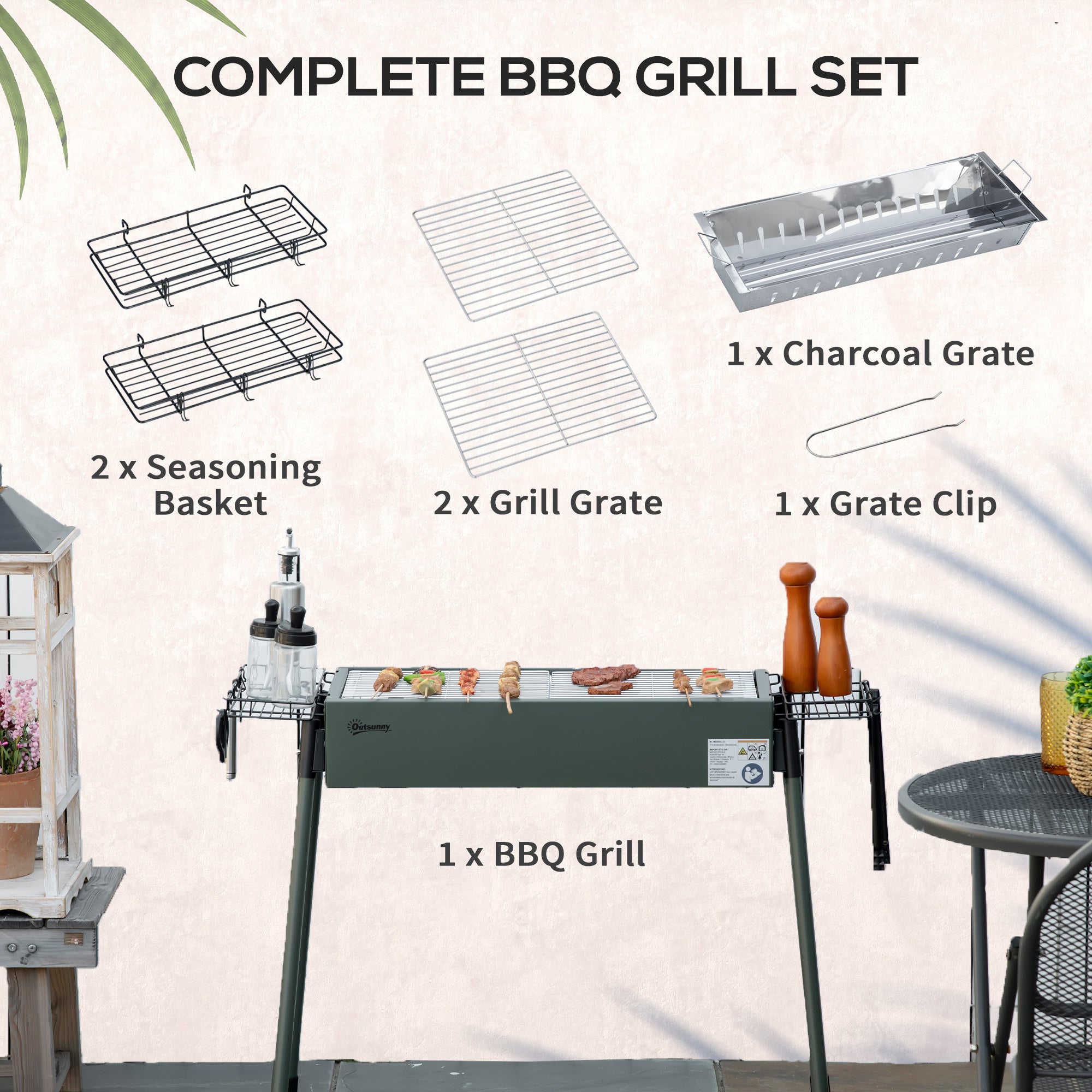 Outsunny Portable Charcoal Barbecue BBQ Grill with Seasoning Baskets and Hooks, Compact Stainless Steel Cooker for Camping Picnic Hiking Garden Party Festival - North Peak Garden Furniture