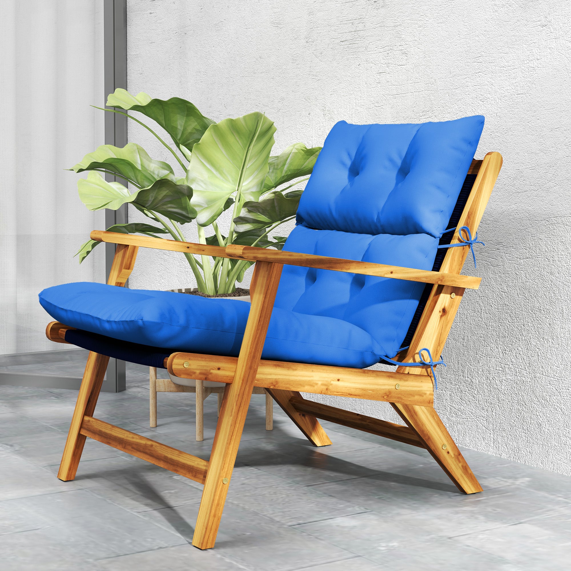 Outsunny Tufted Adirondack Chair Cushion, Thick Garden Seat Cushion Pad with Backrest, Rocking Chair Cushion with Ties for Outdoor and Indoor Use, Blue - North Peak Garden Furniture