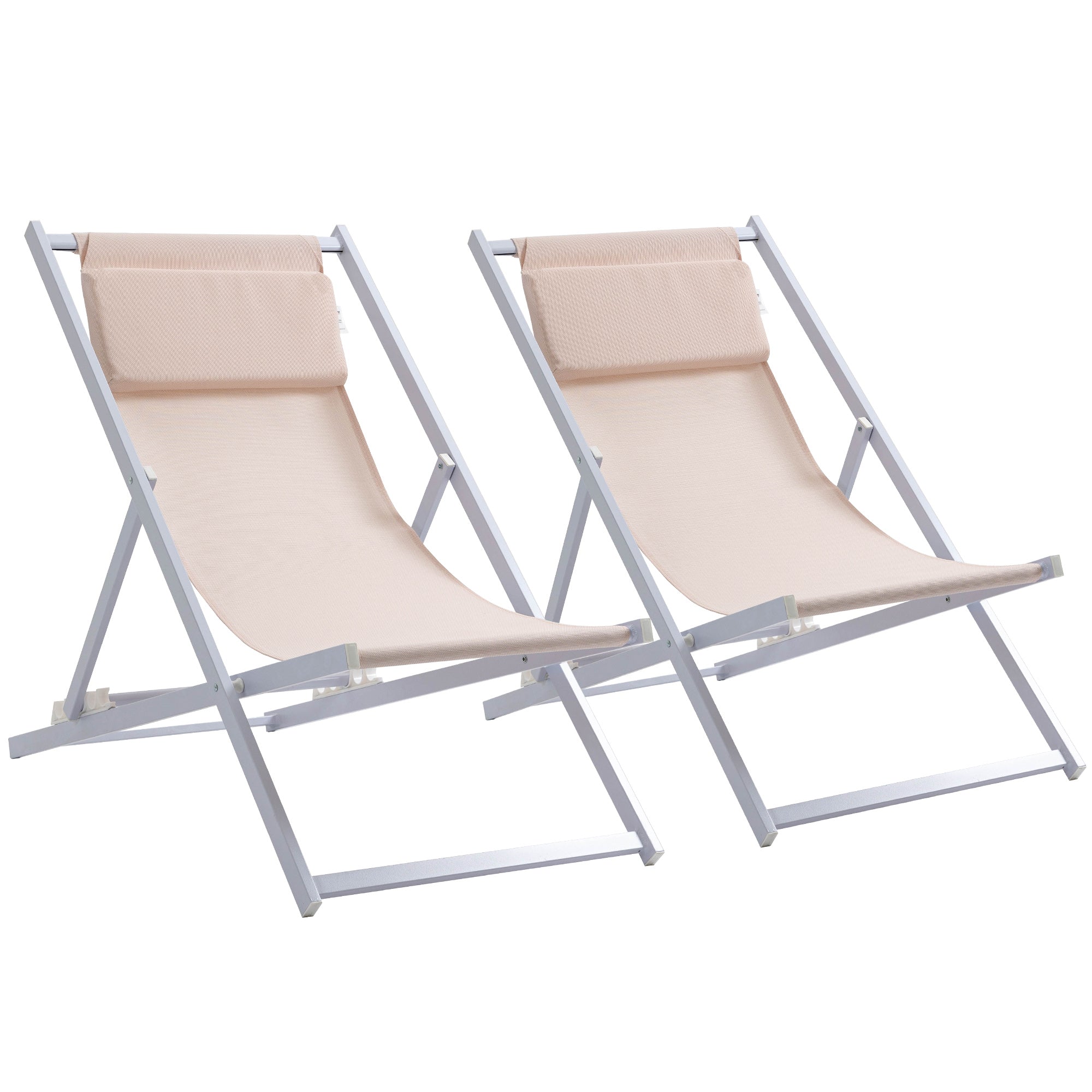 Outsunny Set of 2 Folding Garden Beach Aluminium Frame Deck Chairs Deckchairs Seaside Folding Garden Patio Lounger, Beige - North Peak Garden Furniture