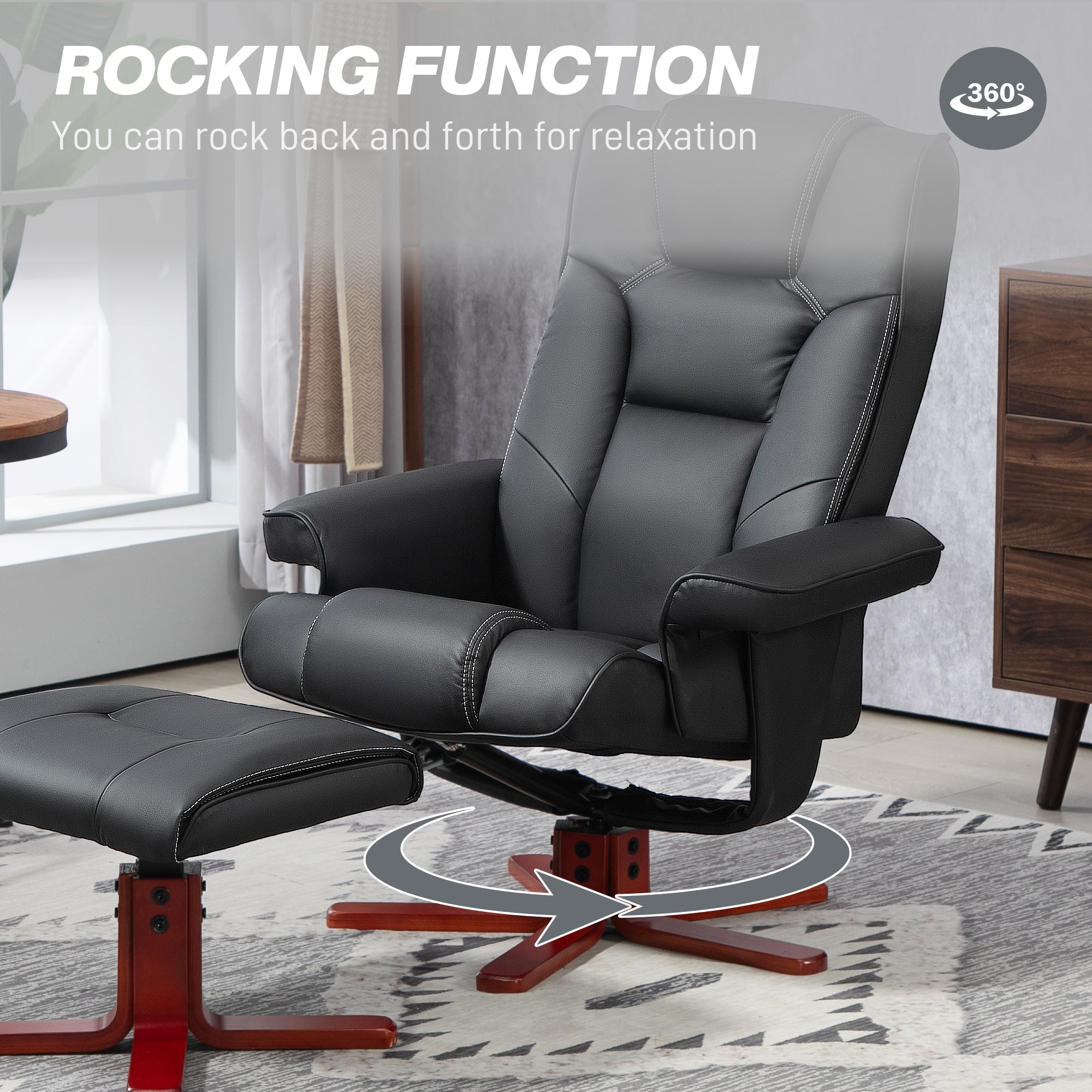 HOMCOM Faux Leather Manual Recliner and Footstool Set - Black - North Peak Garden Furniture