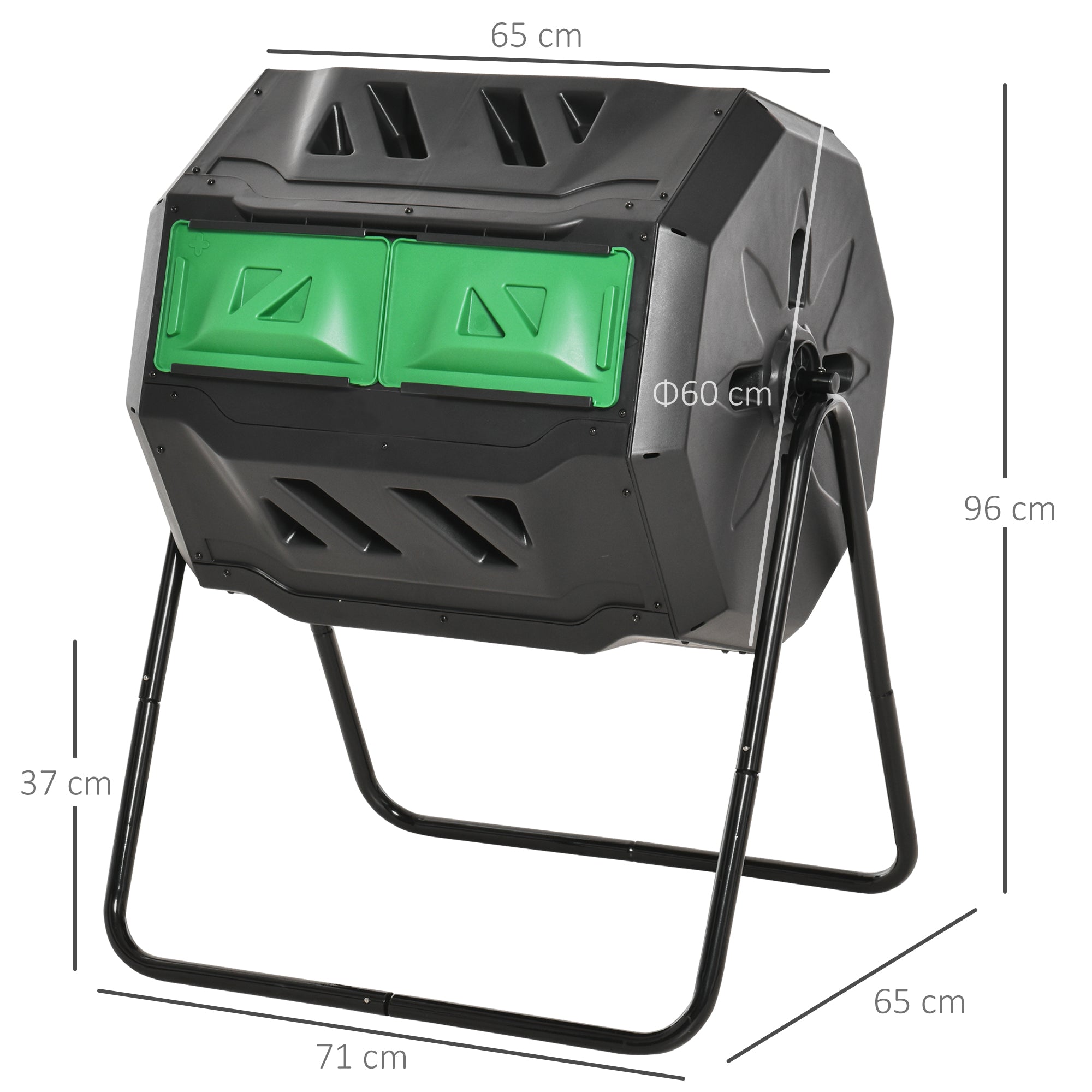 Outsunny 160L Tumbling Compost Bin Outdoor Dual Chamber 360° Rotating Composter, Garden Compost Bin w/ Sliding Doors & Solid Steel Frame, Black - North Peak Garden Furniture