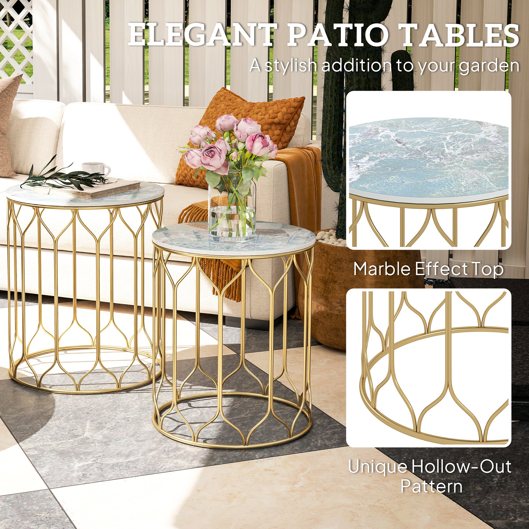 Outsunny Garden Side Table Set of 2, Nesting Tables with Ceramic Tile Top, Indoor Outdoor Small Garden Tables, Multifunctional End Tables with Metal Frame for Patio, Balcony, Porch, Multicoloured - North Peak Garden Furniture