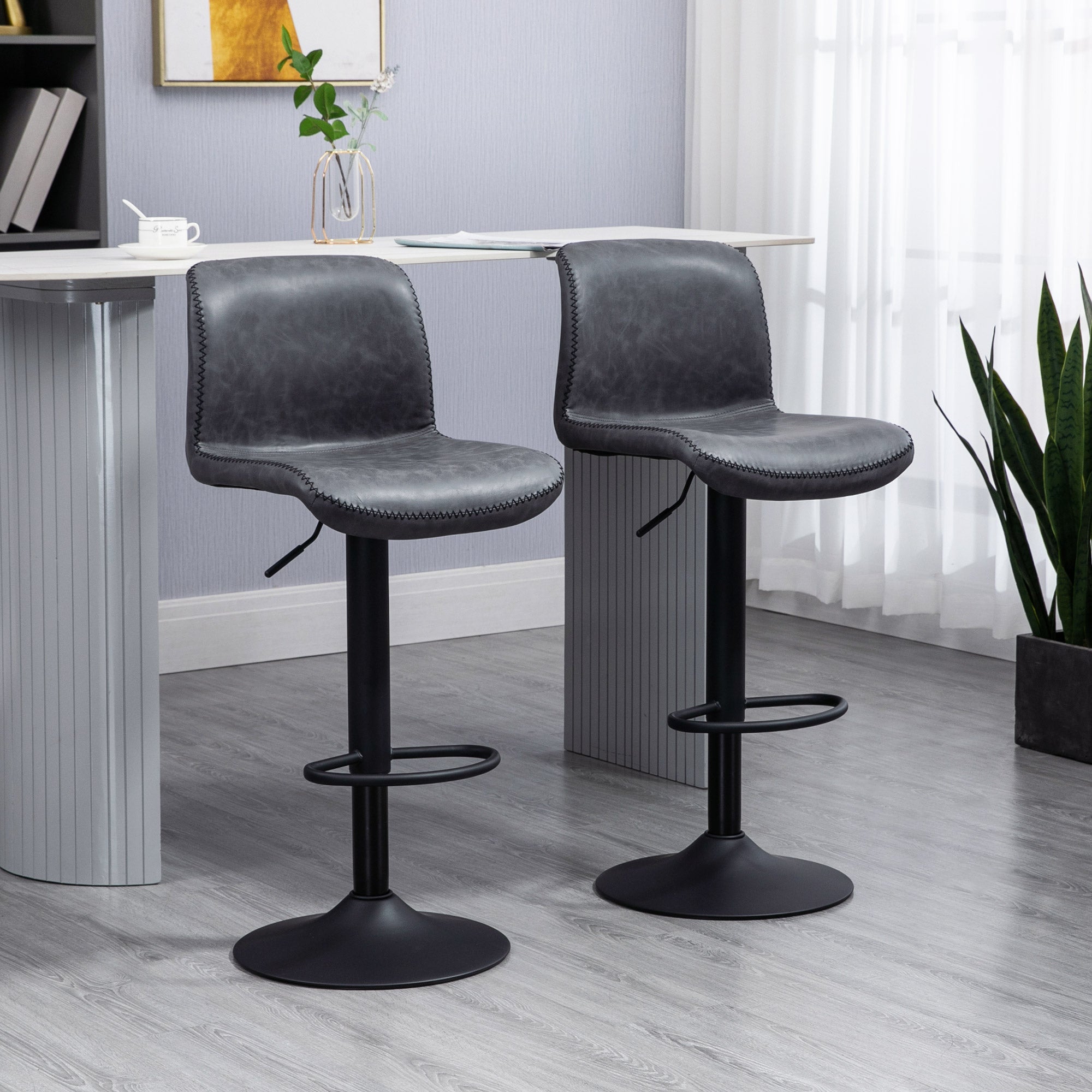 HOMCOM Set of 2 Bar Stool Adjustable Height Swivel Footrest and Base for Breakfast Bar, Kitchen and Home, Dark Grey - North Peak Garden Furniture