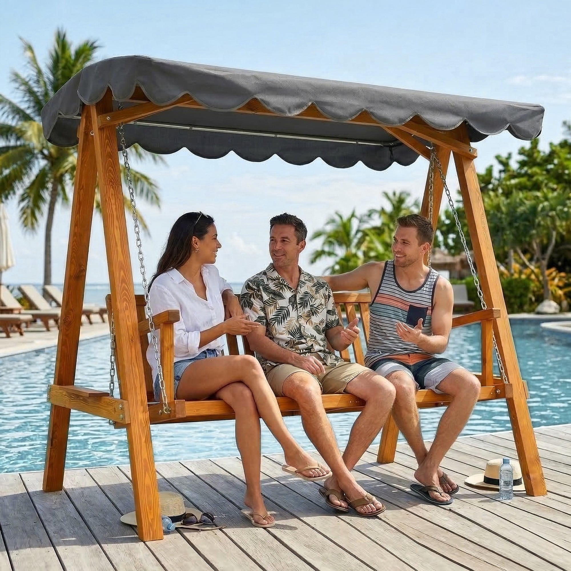 Outsunny 3 Seater Garden Swing Seat with Canopy, Wooden Swing Chair, Outdoor Hammock Bench for Balcony Patio Porch, Dark Grey