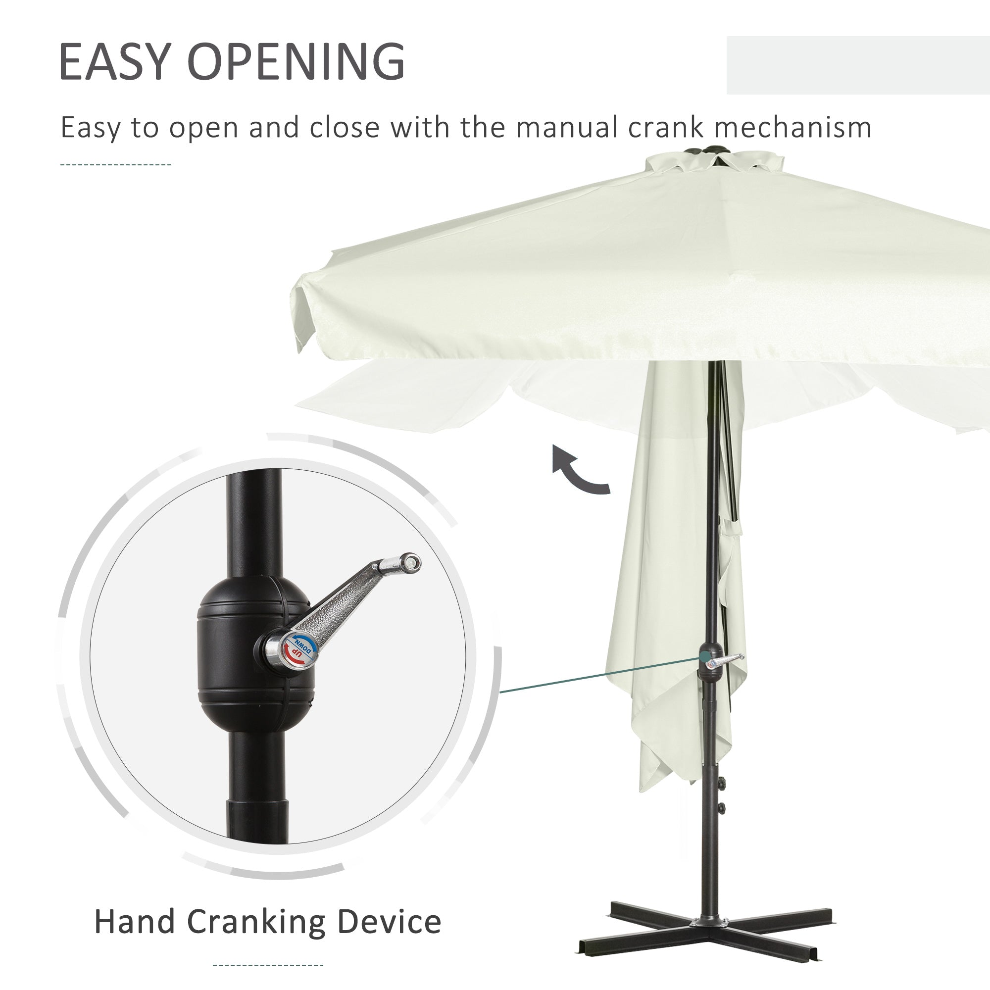 Outsunny 2.3m Half Parasol Semi Round Umbrella Patio Metal Frame Crank Handle for Balcony-- NO BASE INCLUDED, Off-White - North Peak Garden Furniture