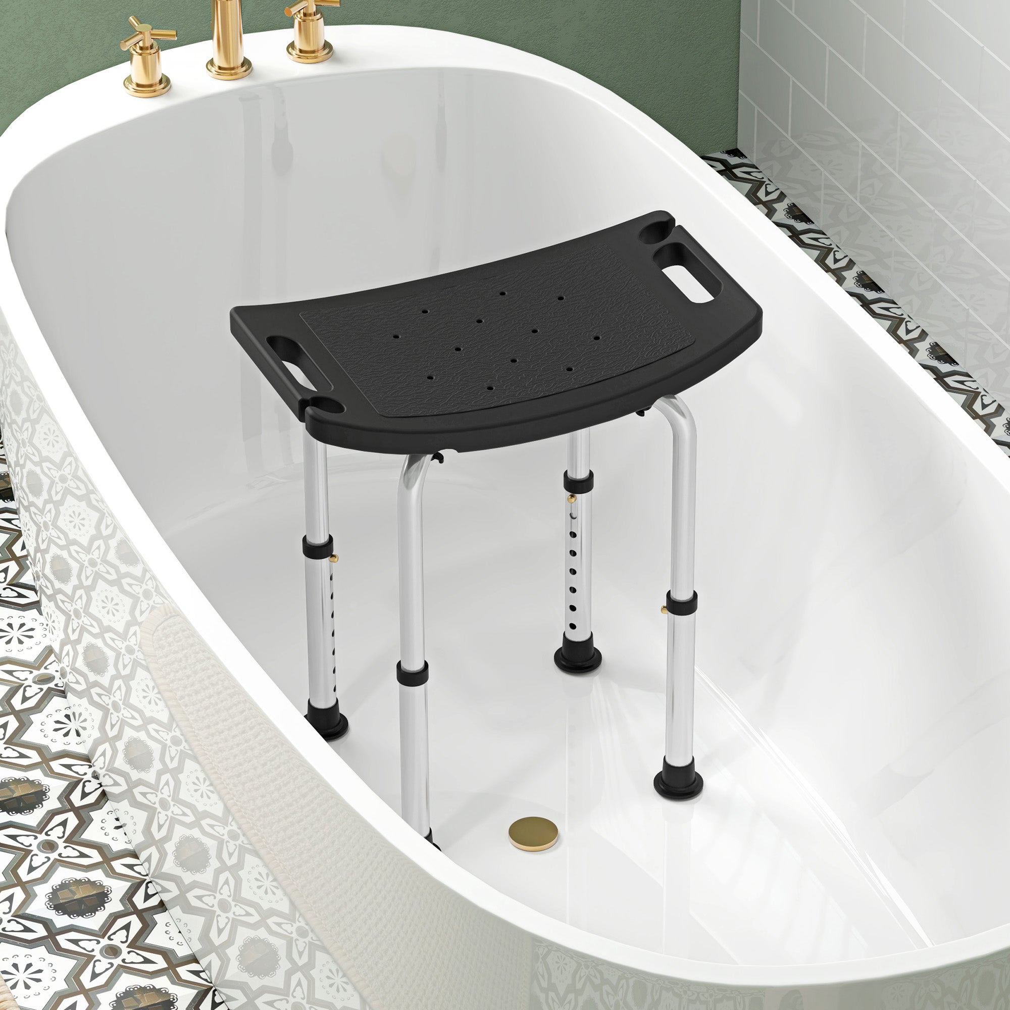 HOMCOM Height Adjustable Bath Stool, Aluminium Shower Stool with Non-Slip Pads for Elderly, Disabled, Seniors, Pregnant, Black - North Peak Garden Furniture
