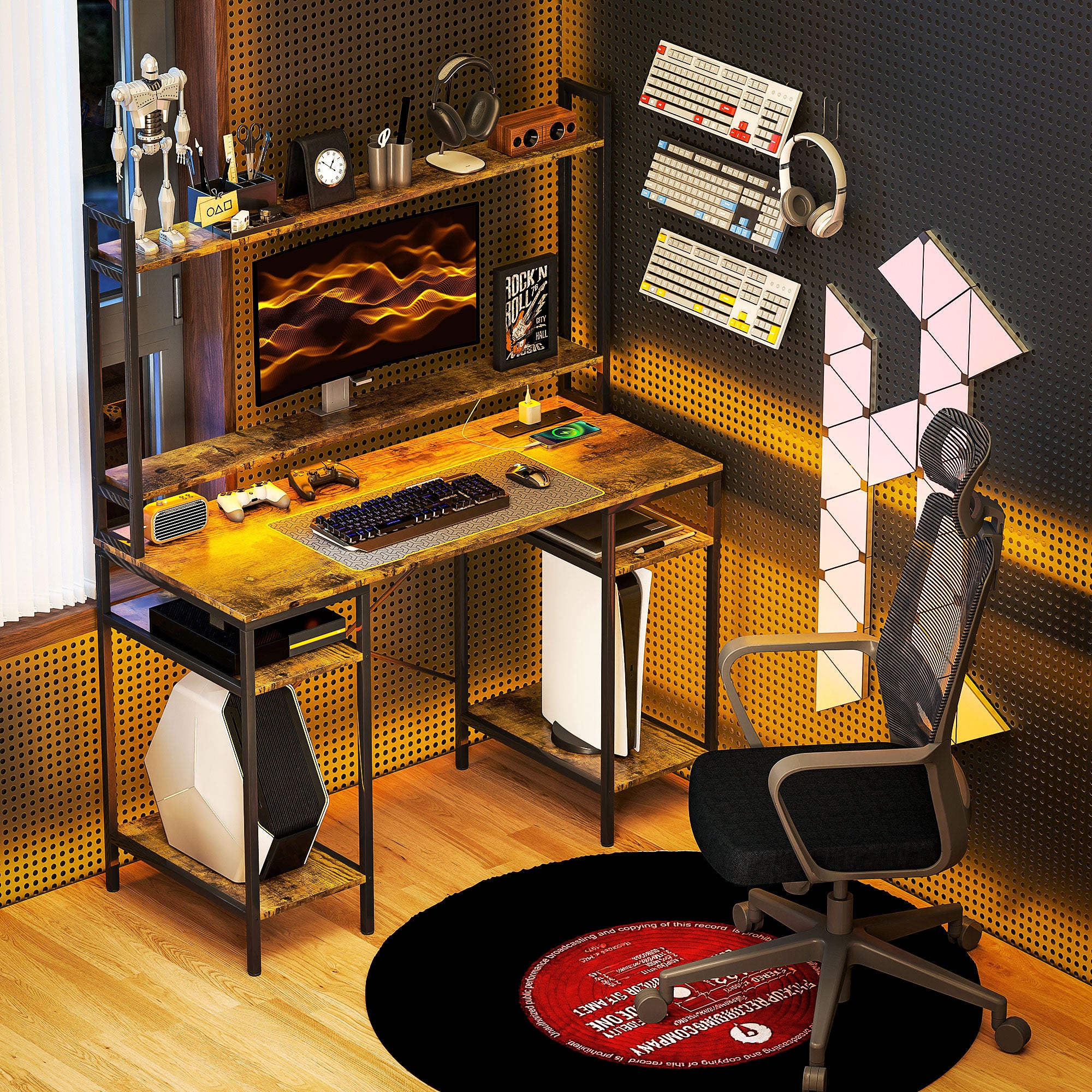 HOMCOM Computer Desk with Power Outlets and LED Lights, Home Office Desk with Monitor Stand and 2 CPU Stands, Study Table Gaming Desk with Hutch, Rustic Brown - North Peak Garden Furniture