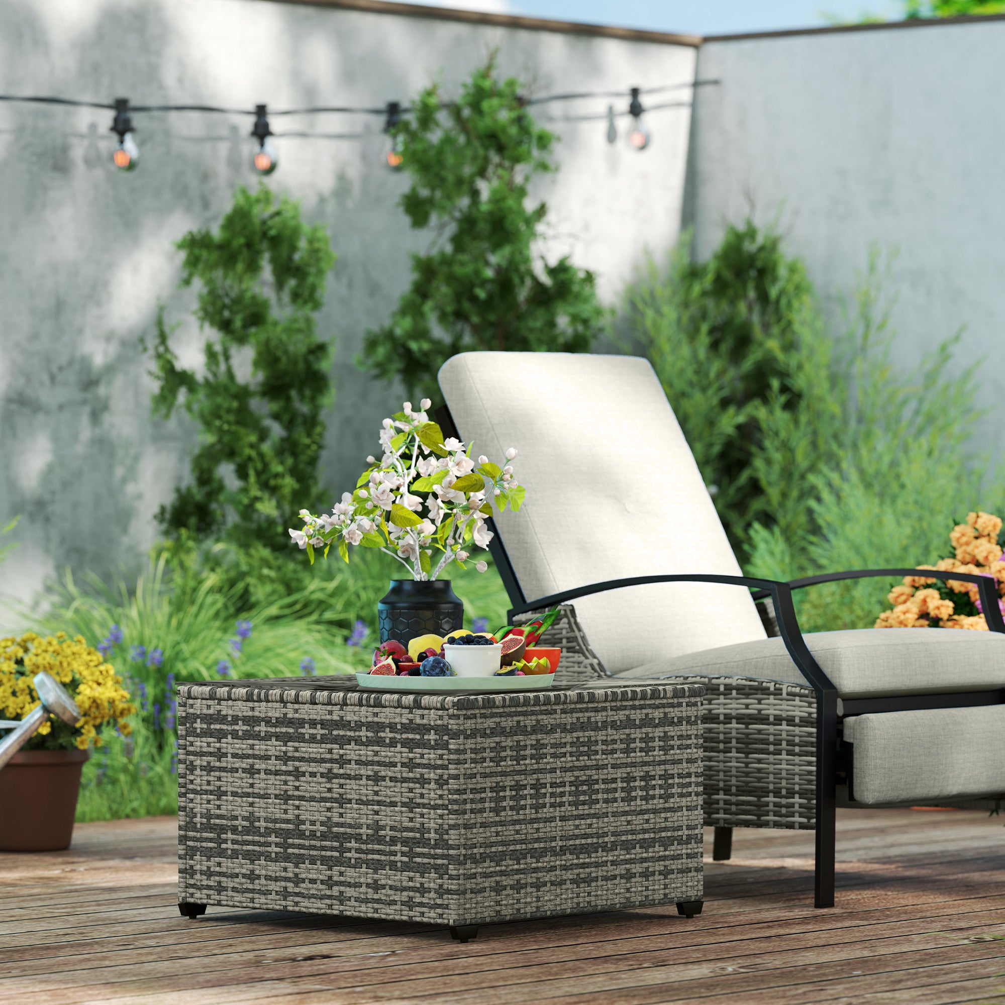 Outsunny 62 x 62cm Glass-Top Rattan Side Table - Light Grey - North Peak Garden Furniture
