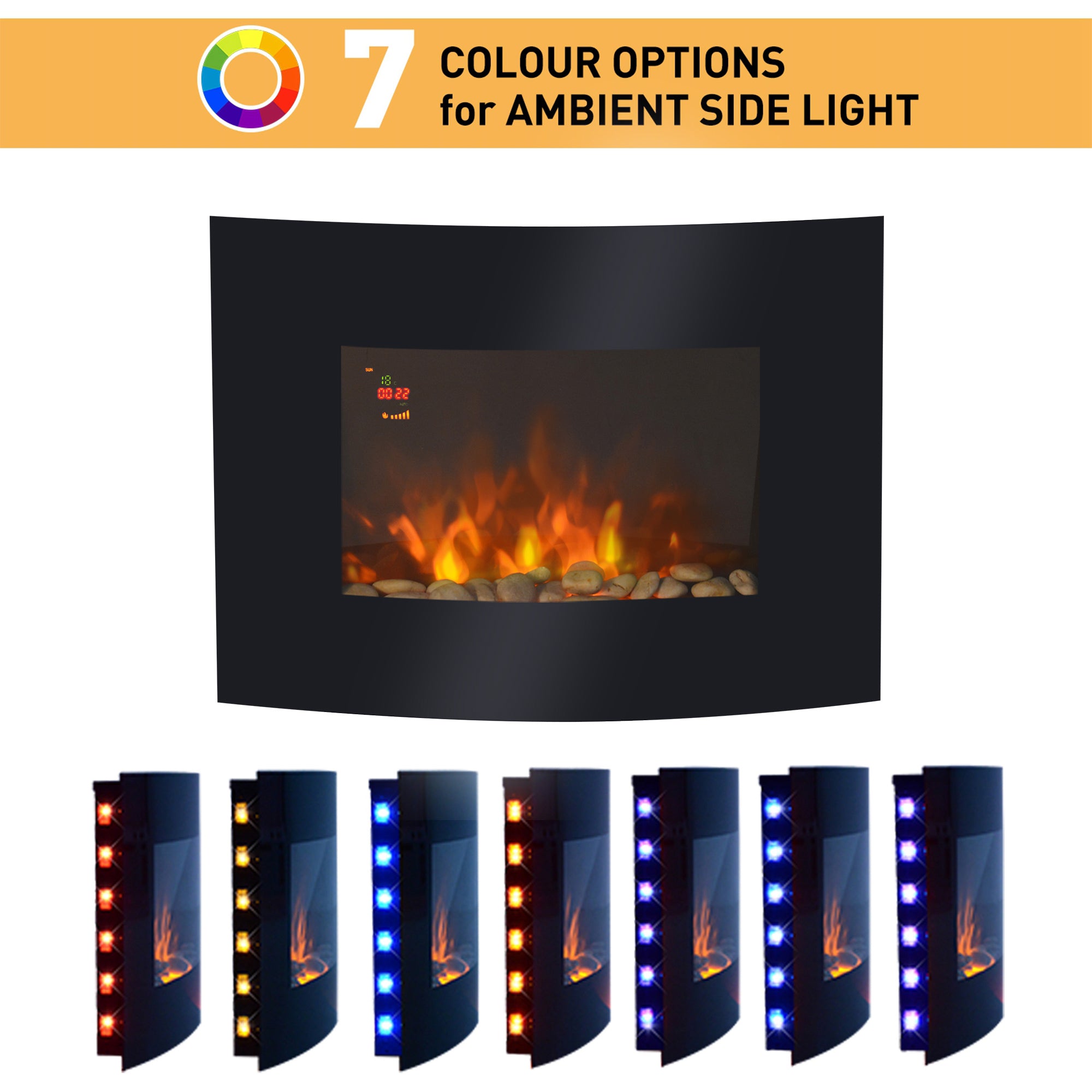 HOMCOM Led Wall Mounted Fireplace Curved Glass Electric Fire Place Fire Place 7 Colour Side Lights Slimline, 900/1800W, 65cm x 52cm