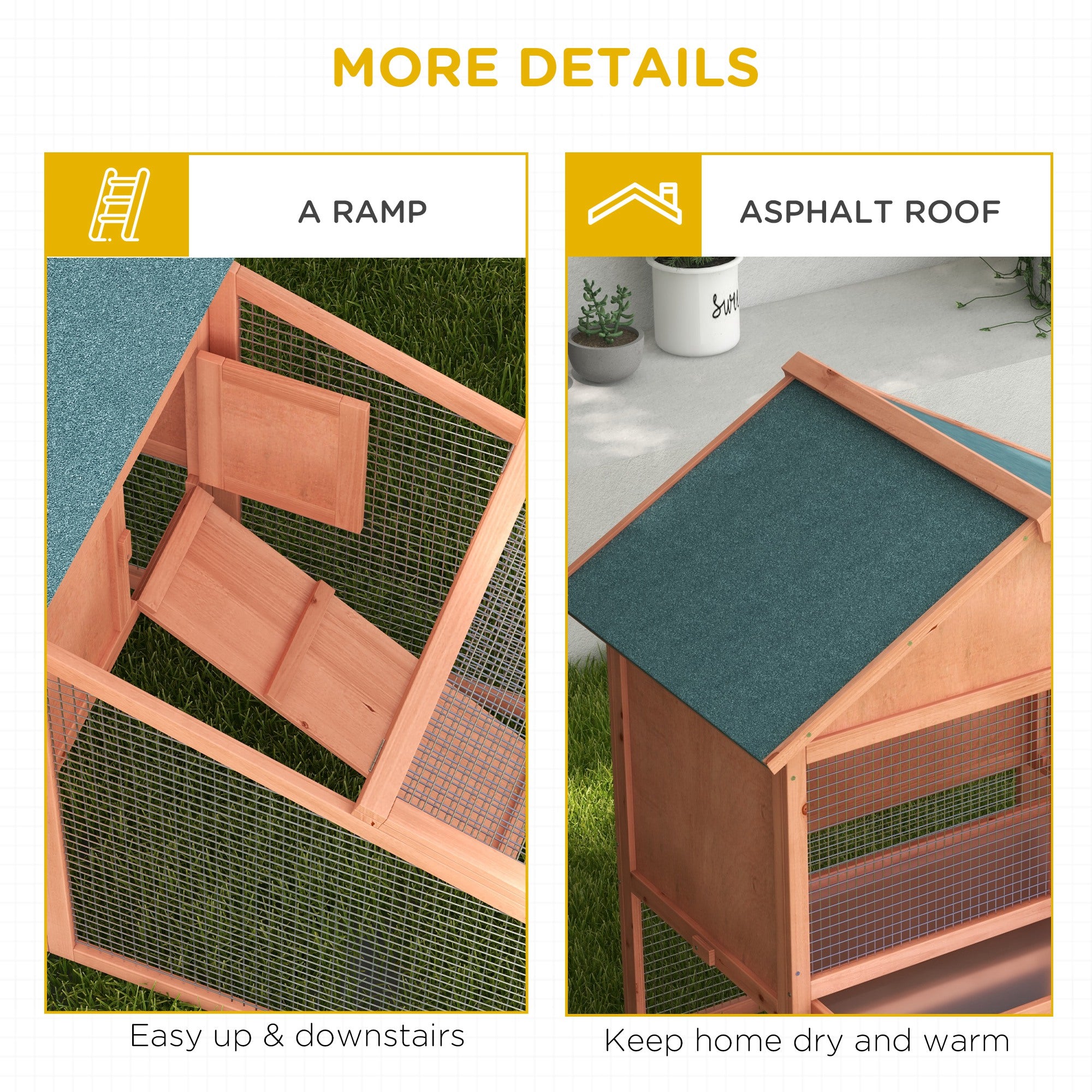 PawHut 2 Tier Rabbit Hutch Outdoor, Guinea Pig Hutch, Solid Wood Bunny House, Water Resistant Asphalt Roof Ramp Sliding tray 144 x 64.5 x 100 cm - North Peak Garden Furniture