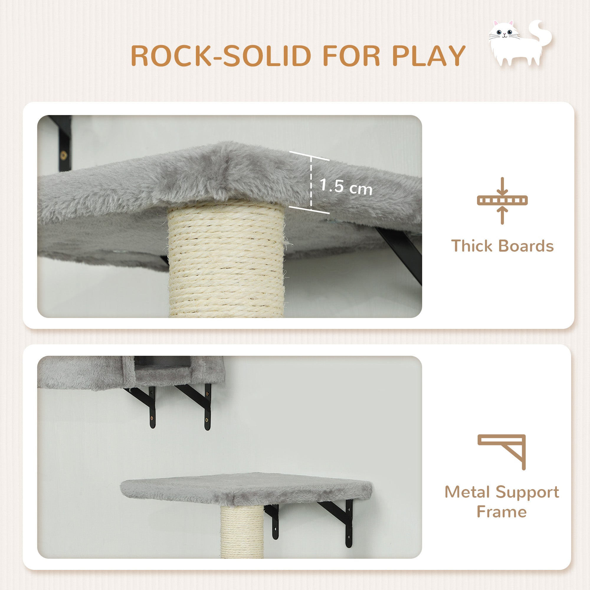 PawHut 6-Piece Cat Wall Shelves Set with Condo, Cat Wall Furniture with Platforms, Sisal Scratching Post, Bed, Toy Ball, Grey - North Peak Garden Furniture