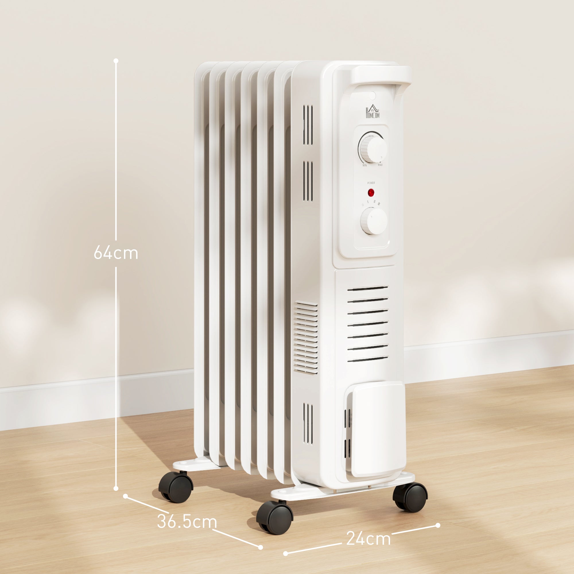 HOMCOM 1500W Quiet Oil Filled Radiator, 7 Fin Energy Efficient Portable Electric Heater with 3 Heat Settings, Adjustable Thermostat, Safety Tip Over, Overheat Protection, for Home, White - North Peak Garden Furniture