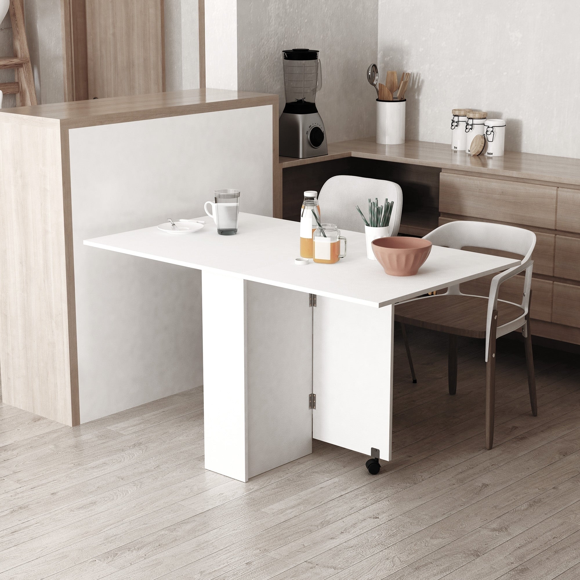 HOMCOM Folding Dining Table, Drop Leaf Table for Small Spaces with 2-tier Shelves, Small Kitchen Table with Rolling Casters, White - North Peak Garden Furniture