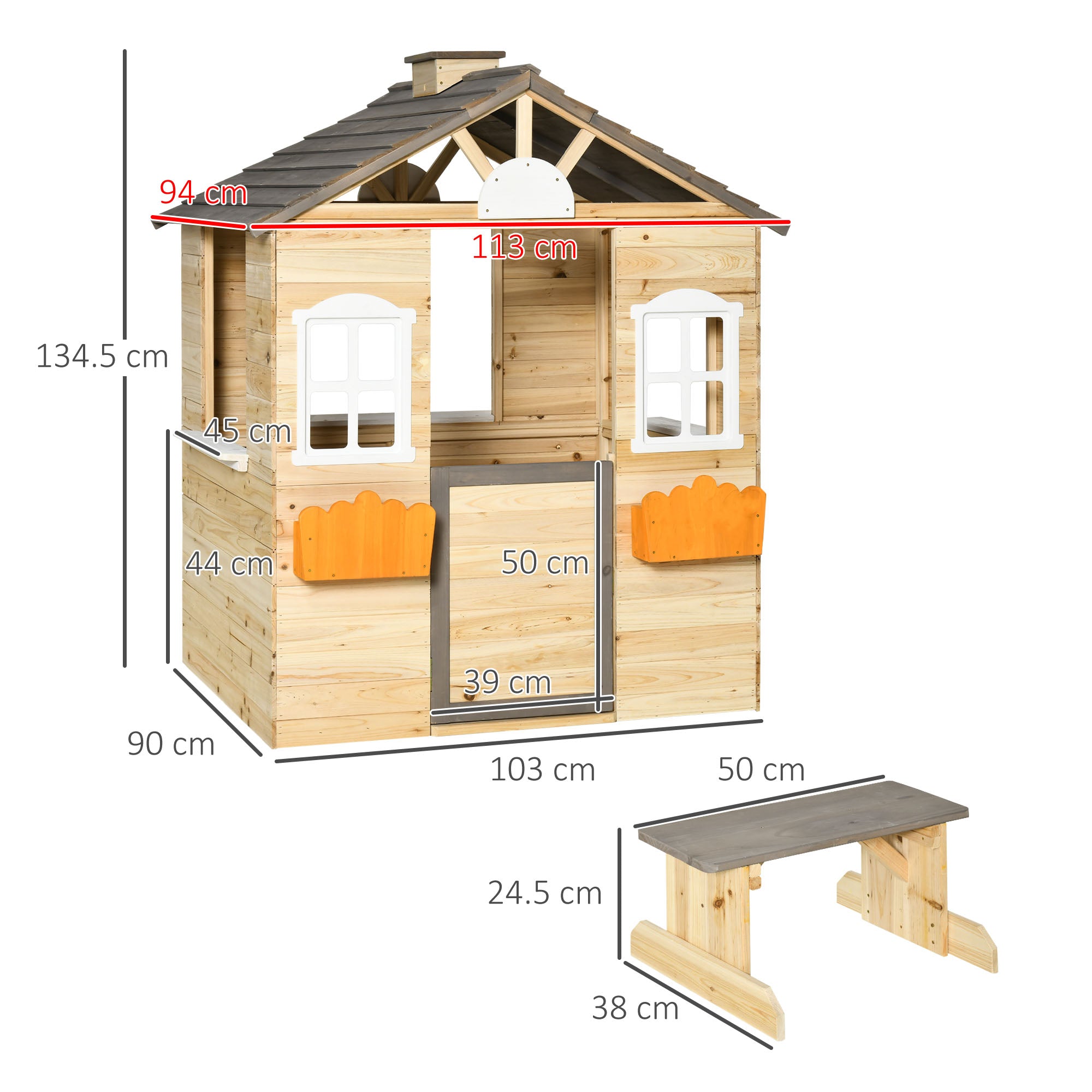 Outsunny Wooden Playhouse for Kids Outdoor Wendy House with Door, windows, Bench, Service Stations, Flowerpot Holder, For Ages 3-7 Years - North Peak Garden Furniture