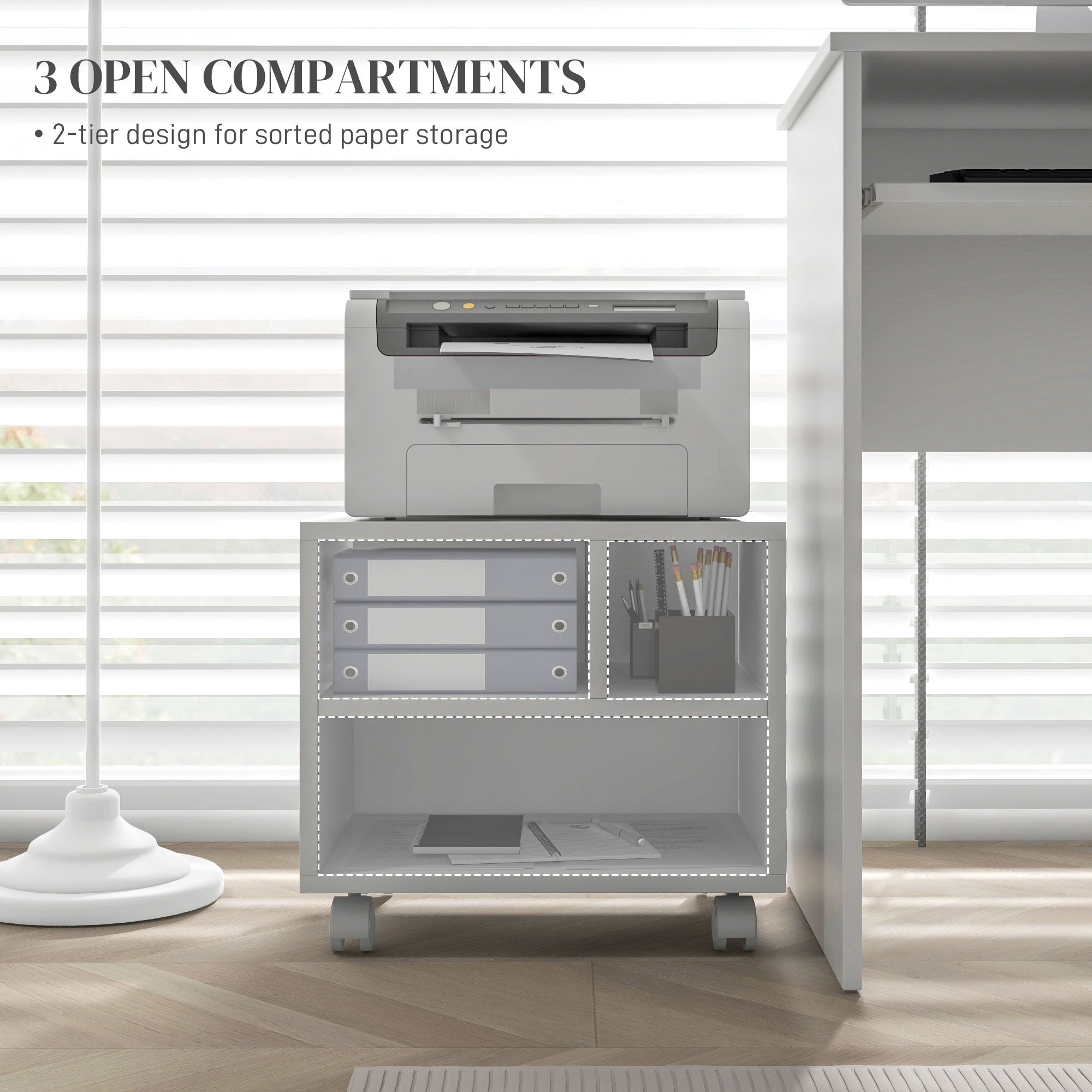HOMCOM Three-Compartment Printer Cabinet, with Wheels - White - North Peak Garden Furniture